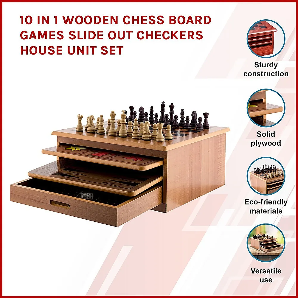 10 in 1 Wooden Chess Board Set, Slide-Out Design, Plywood