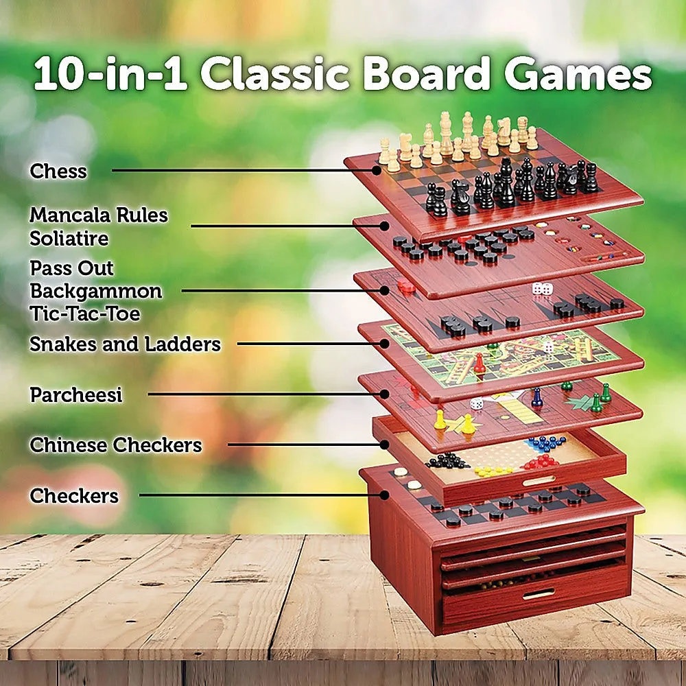 10 in 1 Wooden Chess Board Set, Slide-Out Design, Plywood