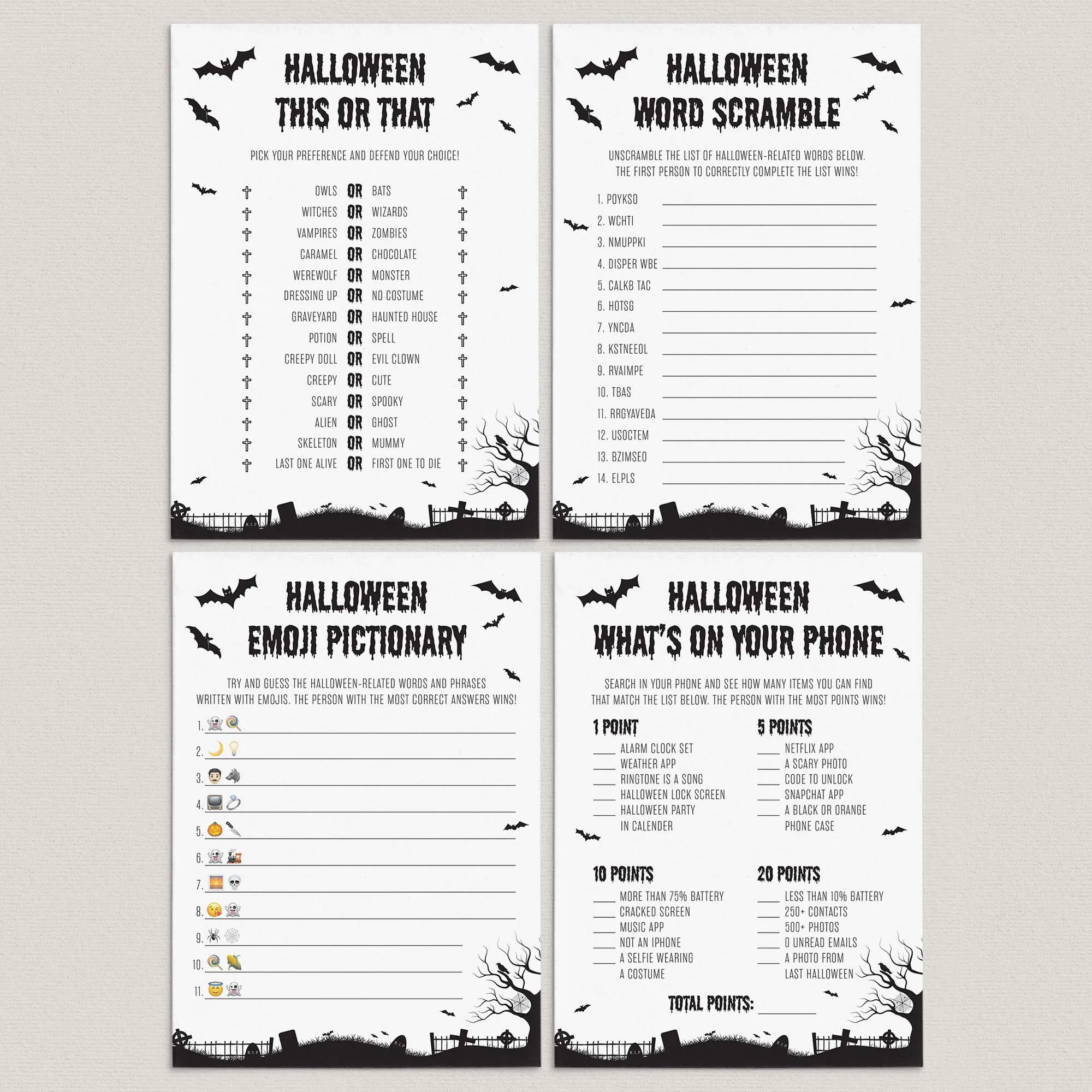 Adult Halloween Party Games Pack Black & White Instant Download