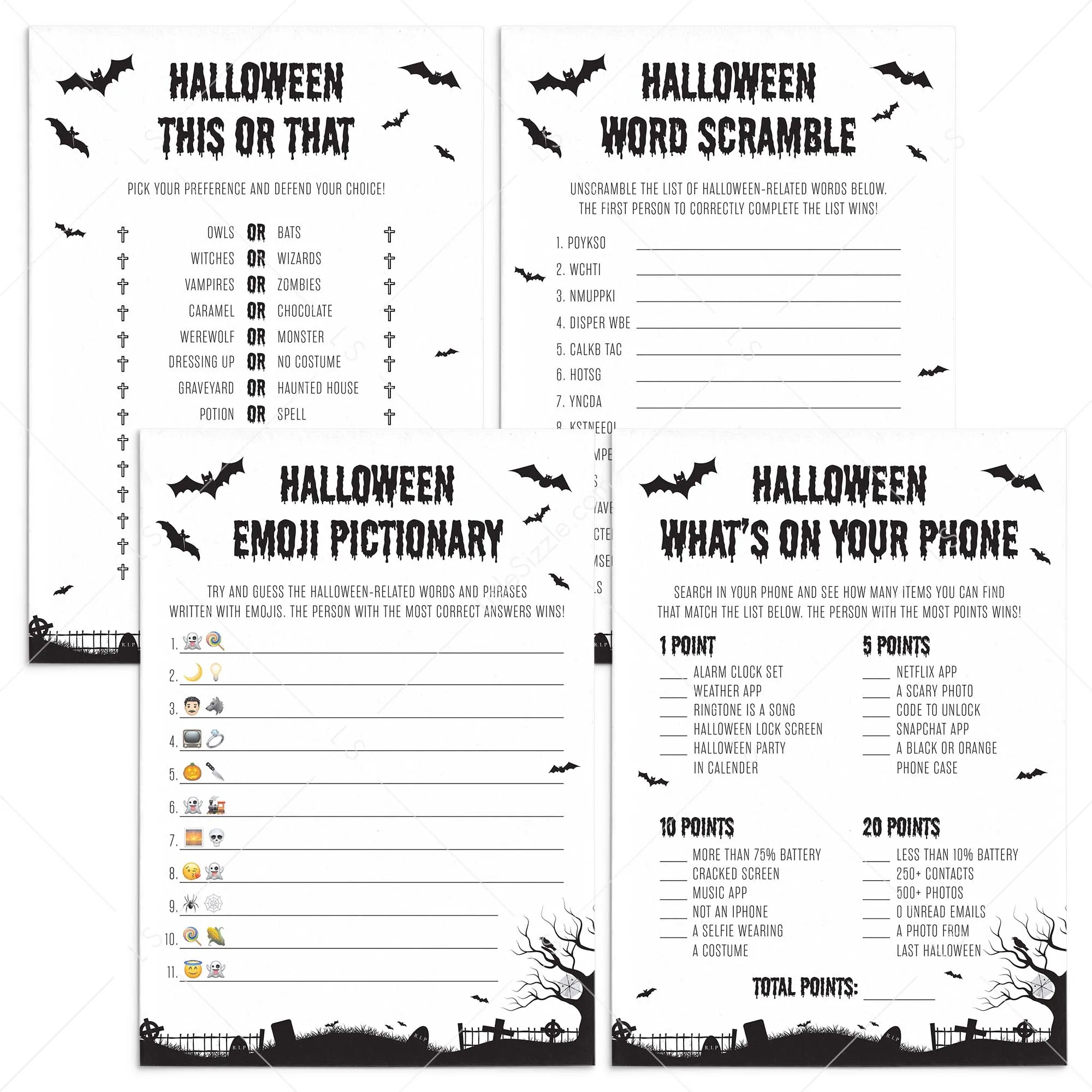 Adult Halloween Party Games Pack Black & White Instant Download