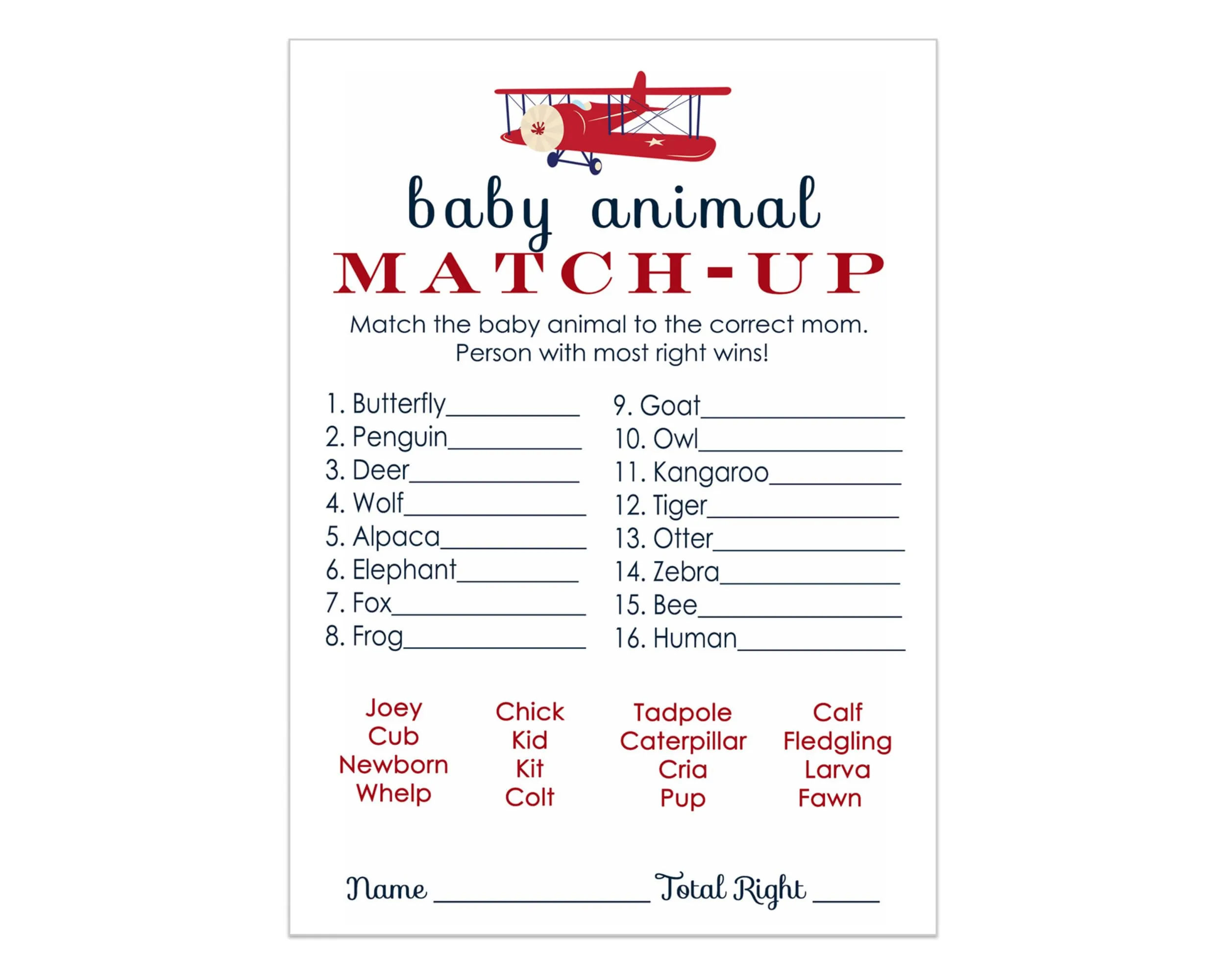 Airplane Animal Matching Game for Baby Shower (25 Card Pack)