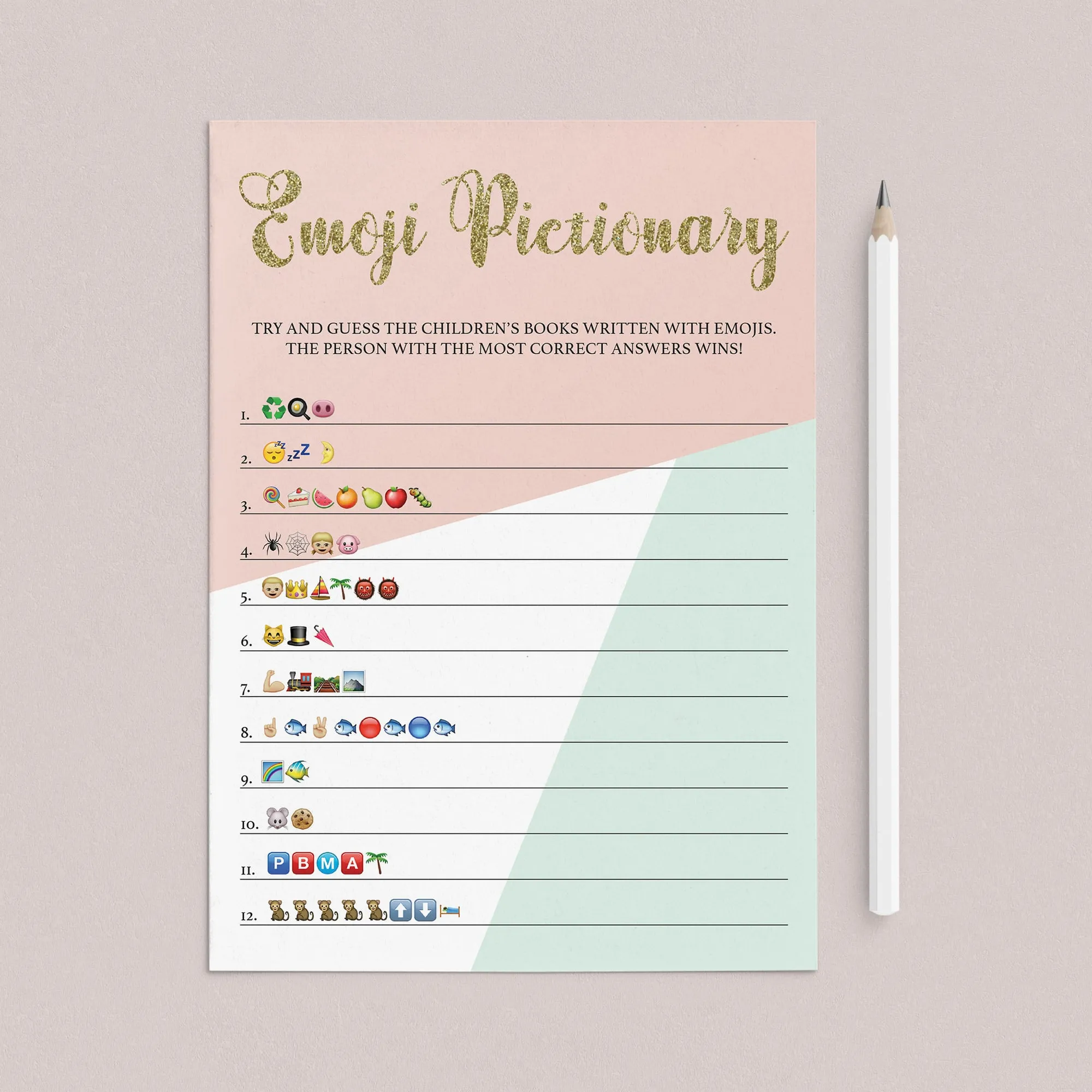 Baby Shower Emoji Pictionary Game Pink Mint and Gold