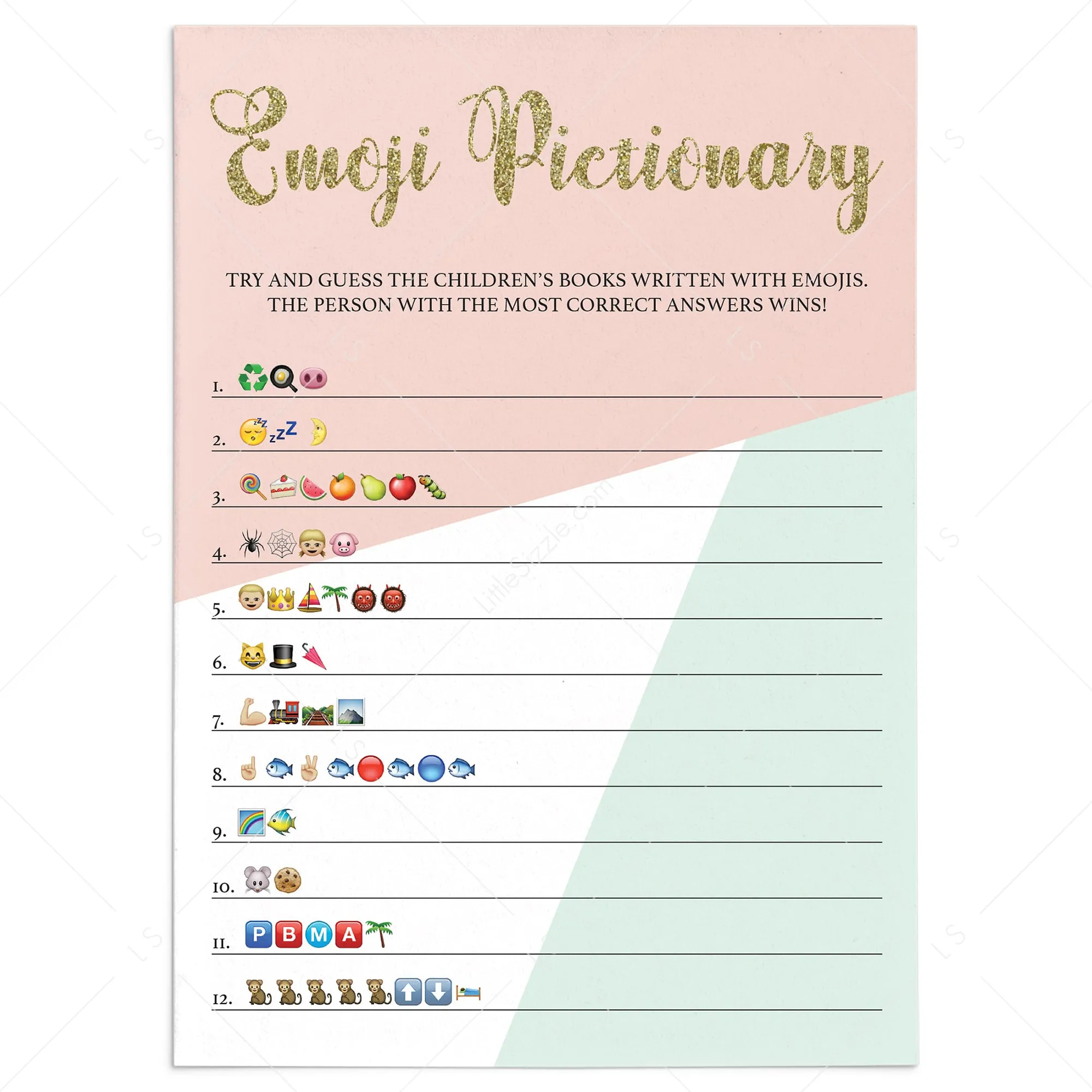 Baby Shower Emoji Pictionary Game Pink Mint and Gold