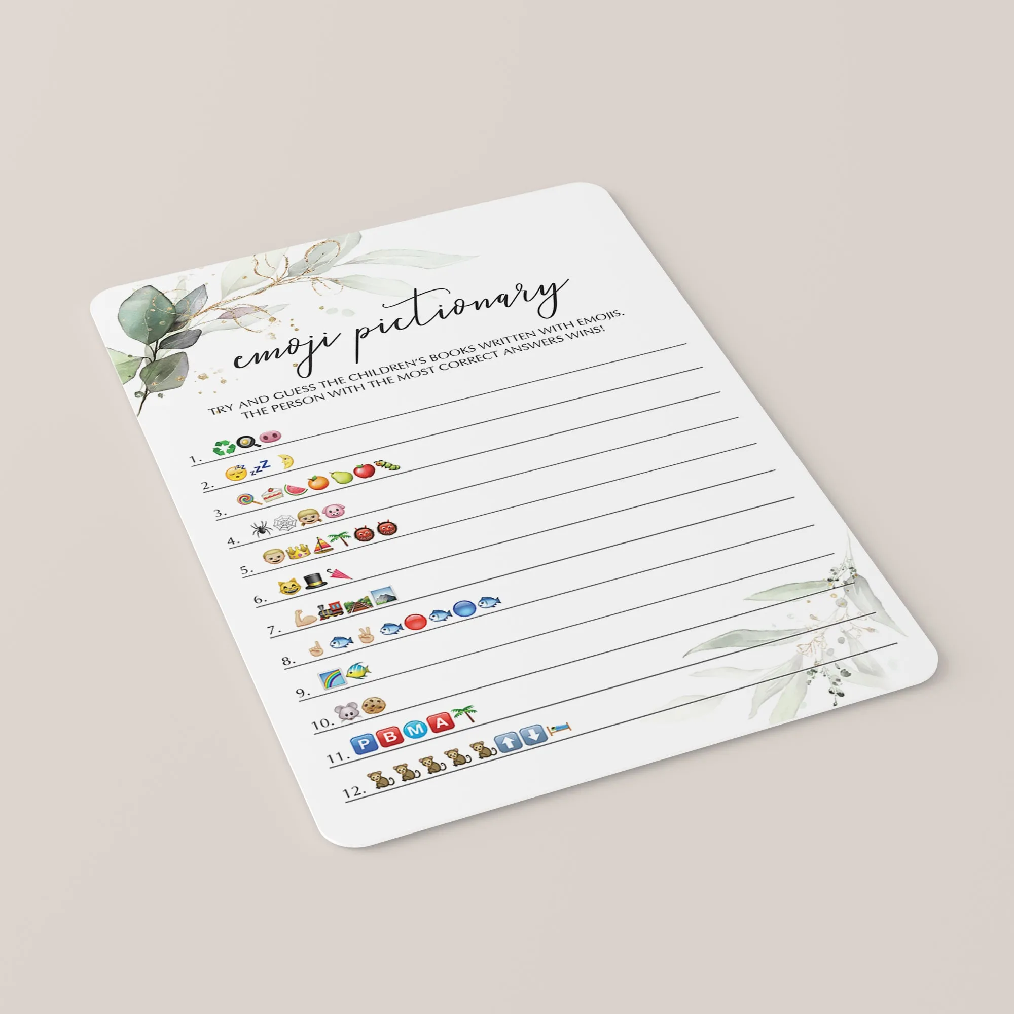 Baby Shower Emojis Game Printable Greenery and Gold Theme