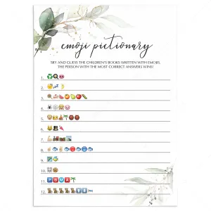 Baby Shower Emojis Game Printable Greenery and Gold Theme