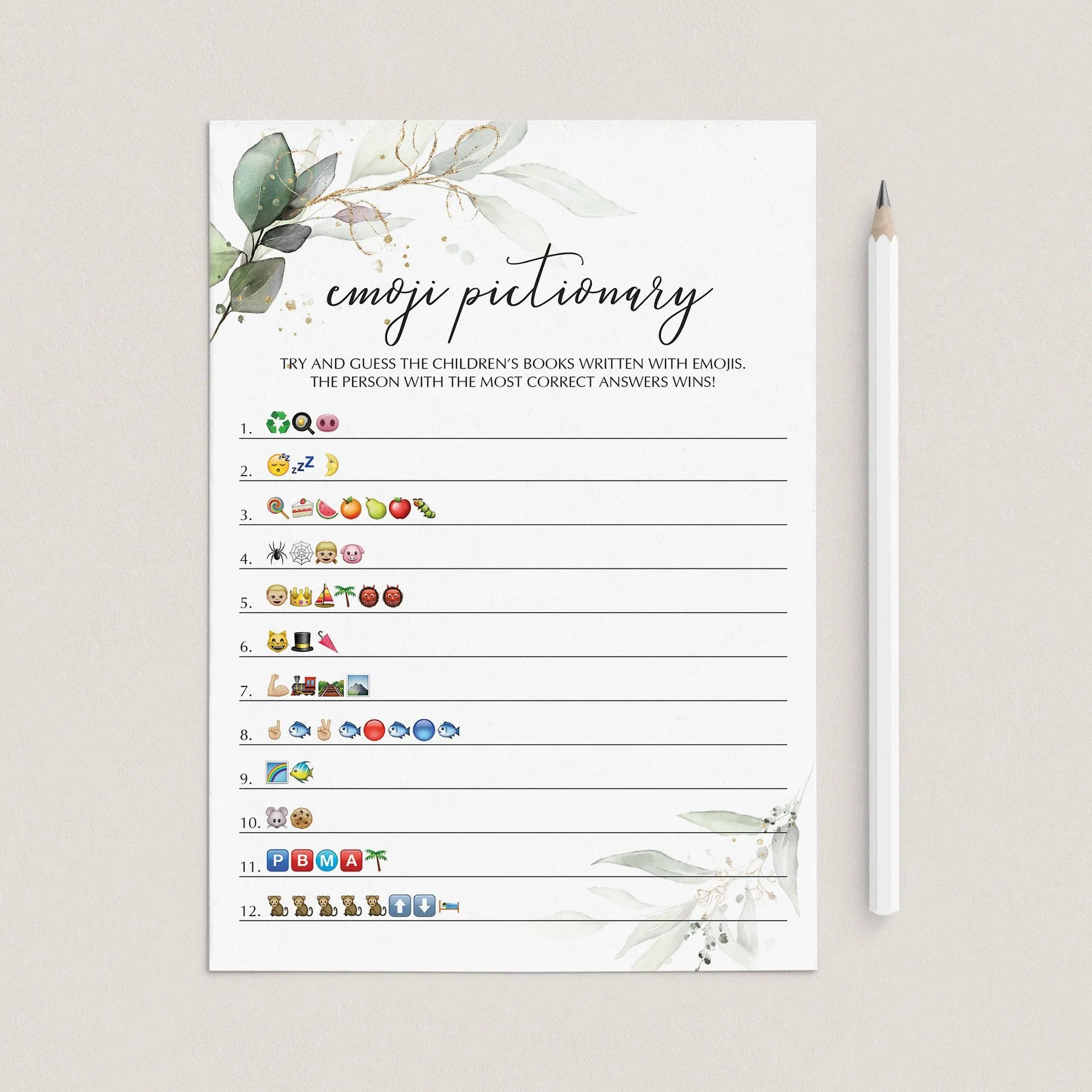 Baby Shower Emojis Game Printable Greenery and Gold Theme