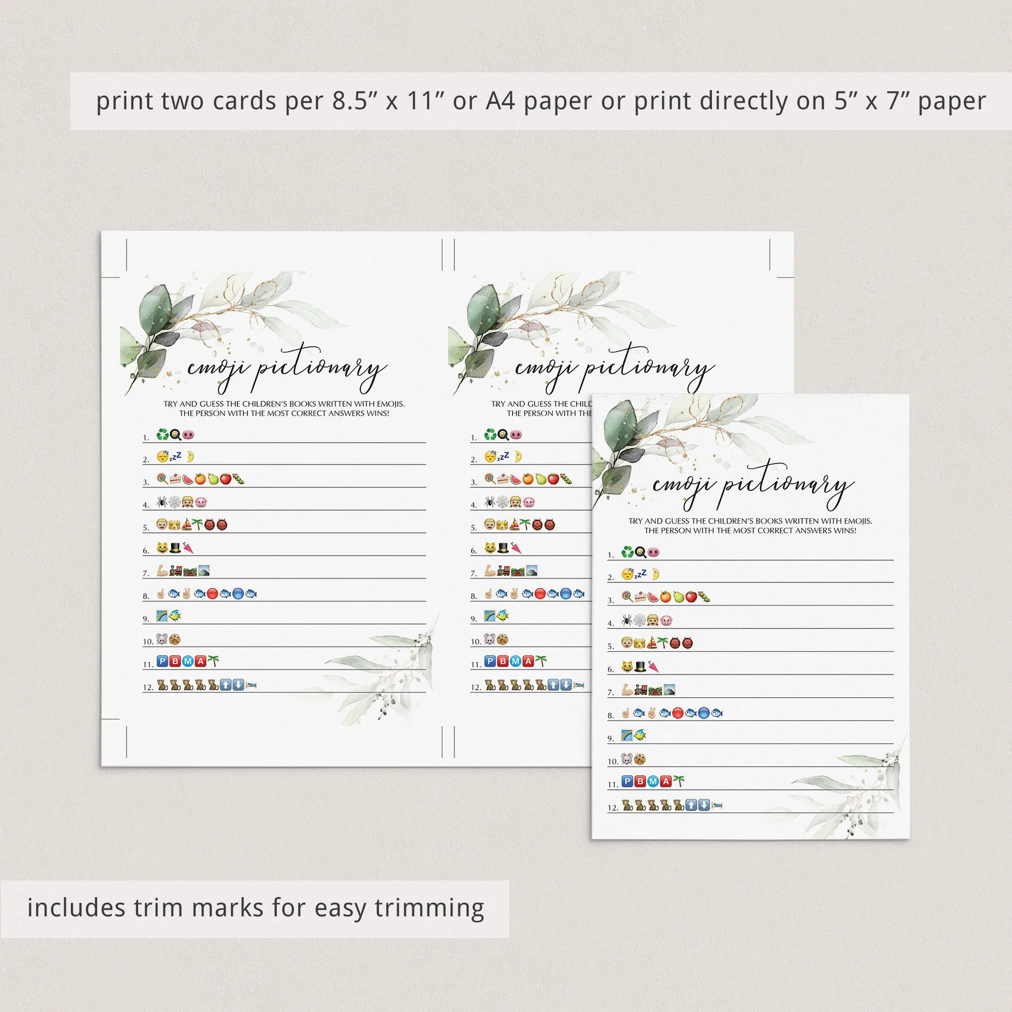 Baby Shower Emojis Game Printable Greenery and Gold Theme