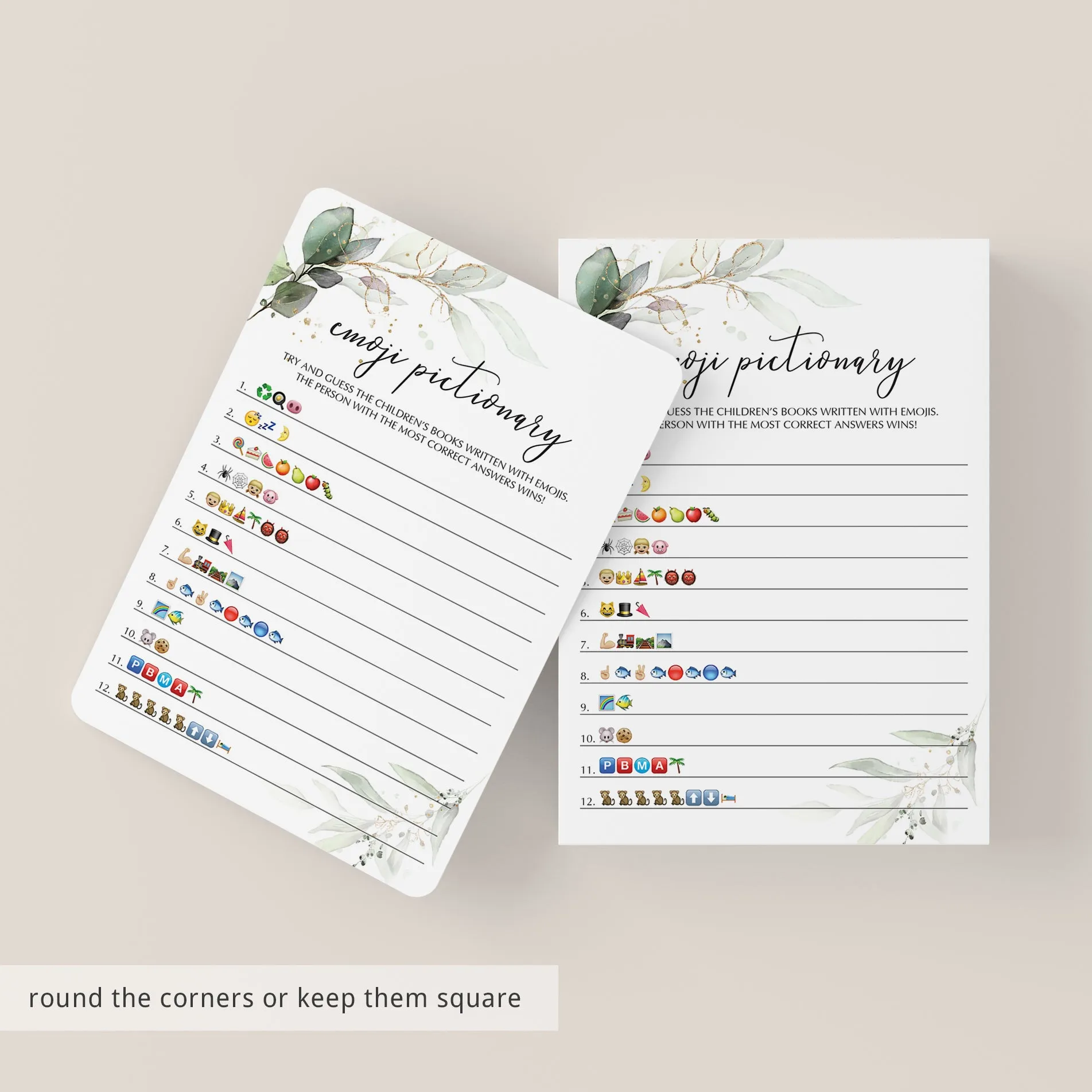 Baby Shower Emojis Game Printable Greenery and Gold Theme