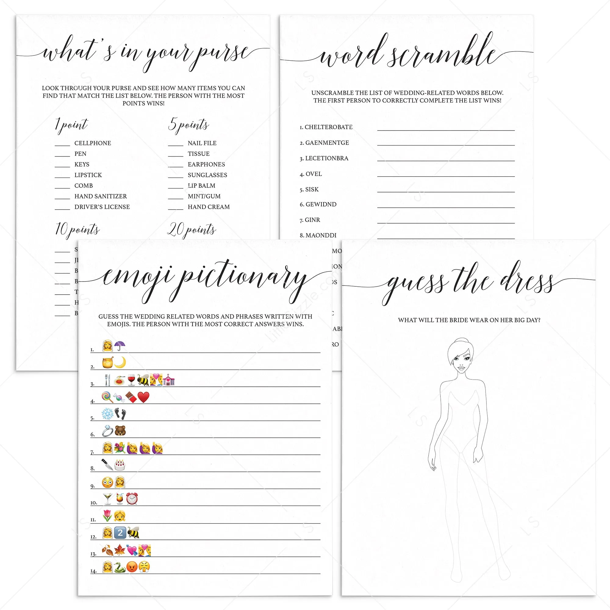 Black and White Bridal Shower Games Bundle Printable