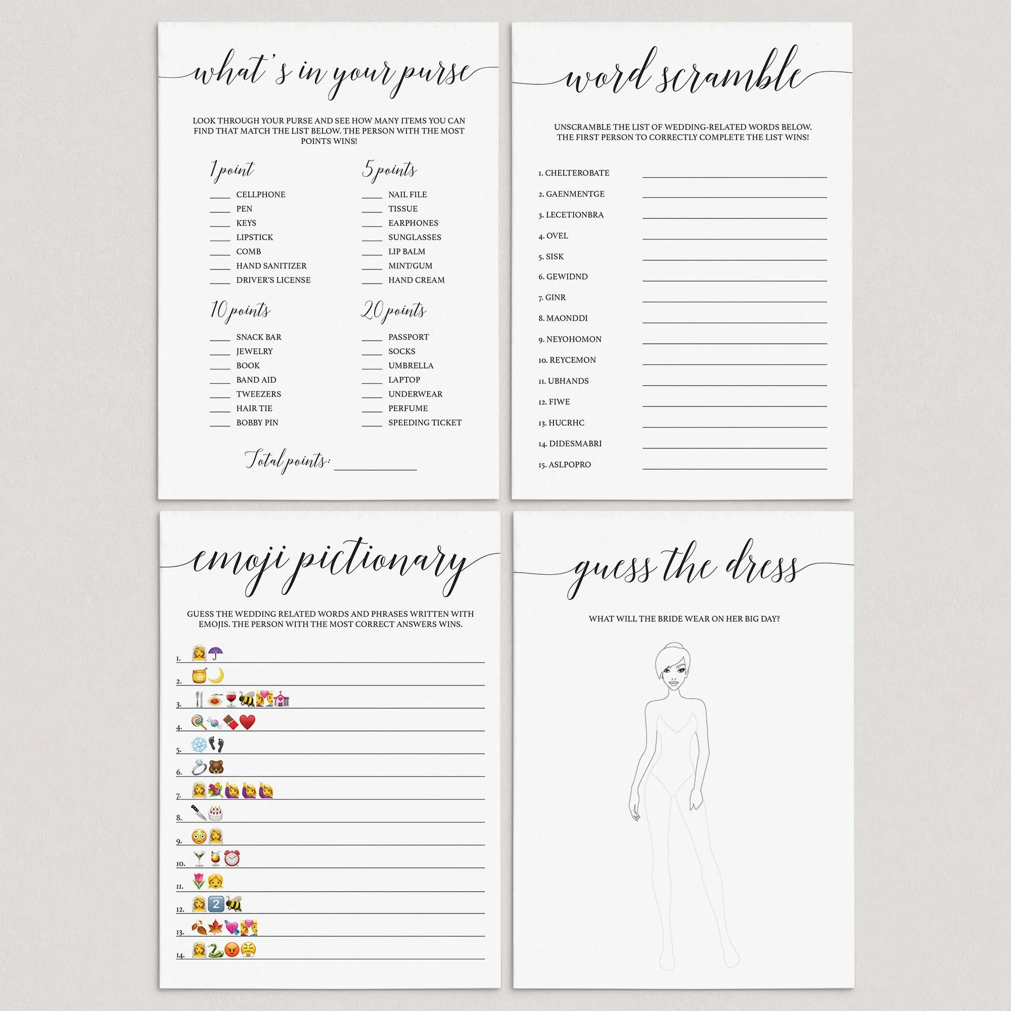 Black and White Bridal Shower Games Bundle Printable