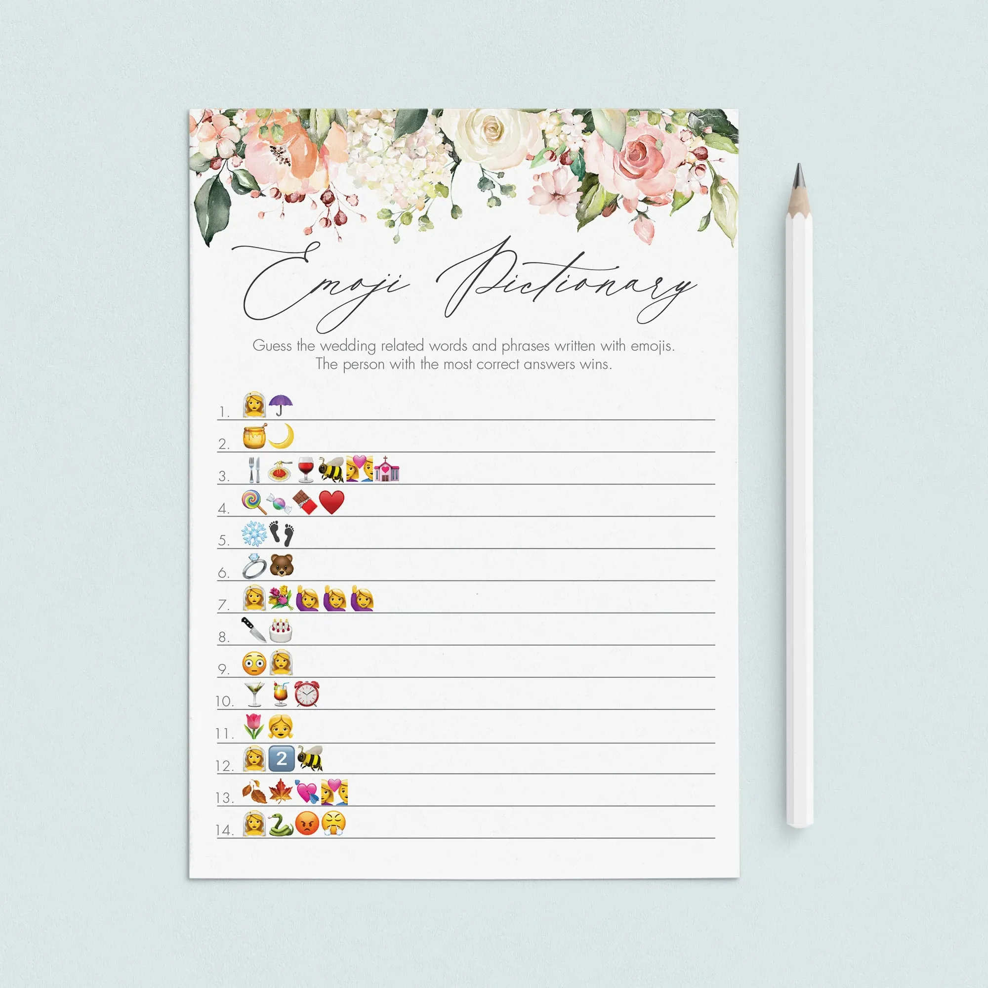 Blush Bridal Emoji Pictionary Game Printable