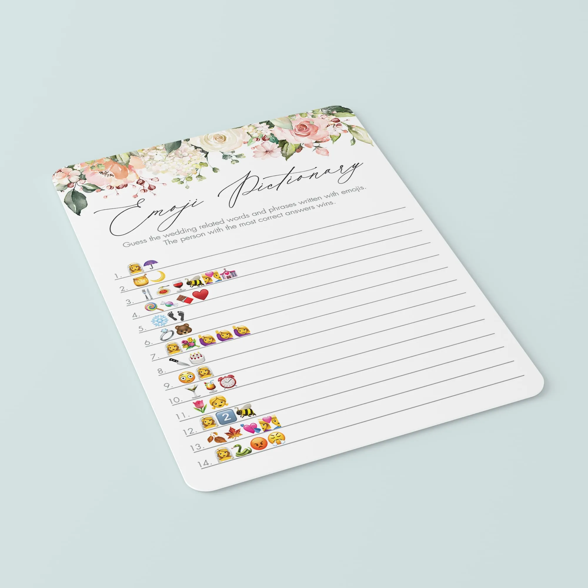 Blush Bridal Emoji Pictionary Game Printable