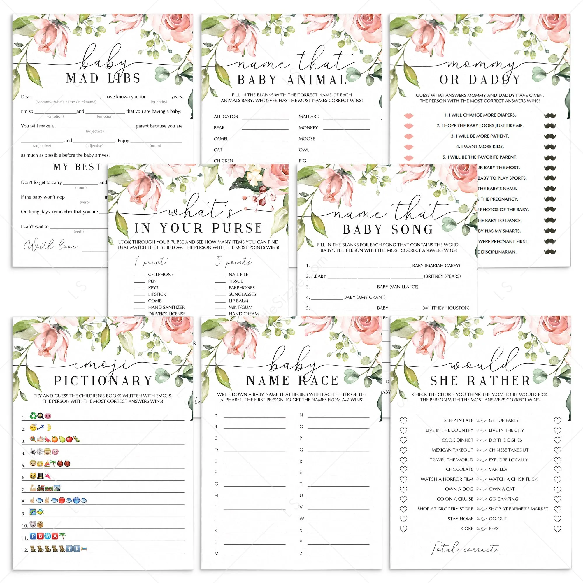 Blush Floral Baby Party Games Package Printable