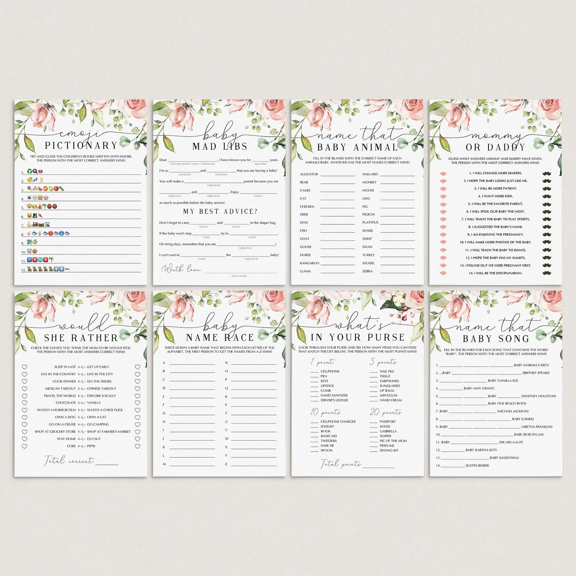 Blush Floral Baby Party Games Package Printable