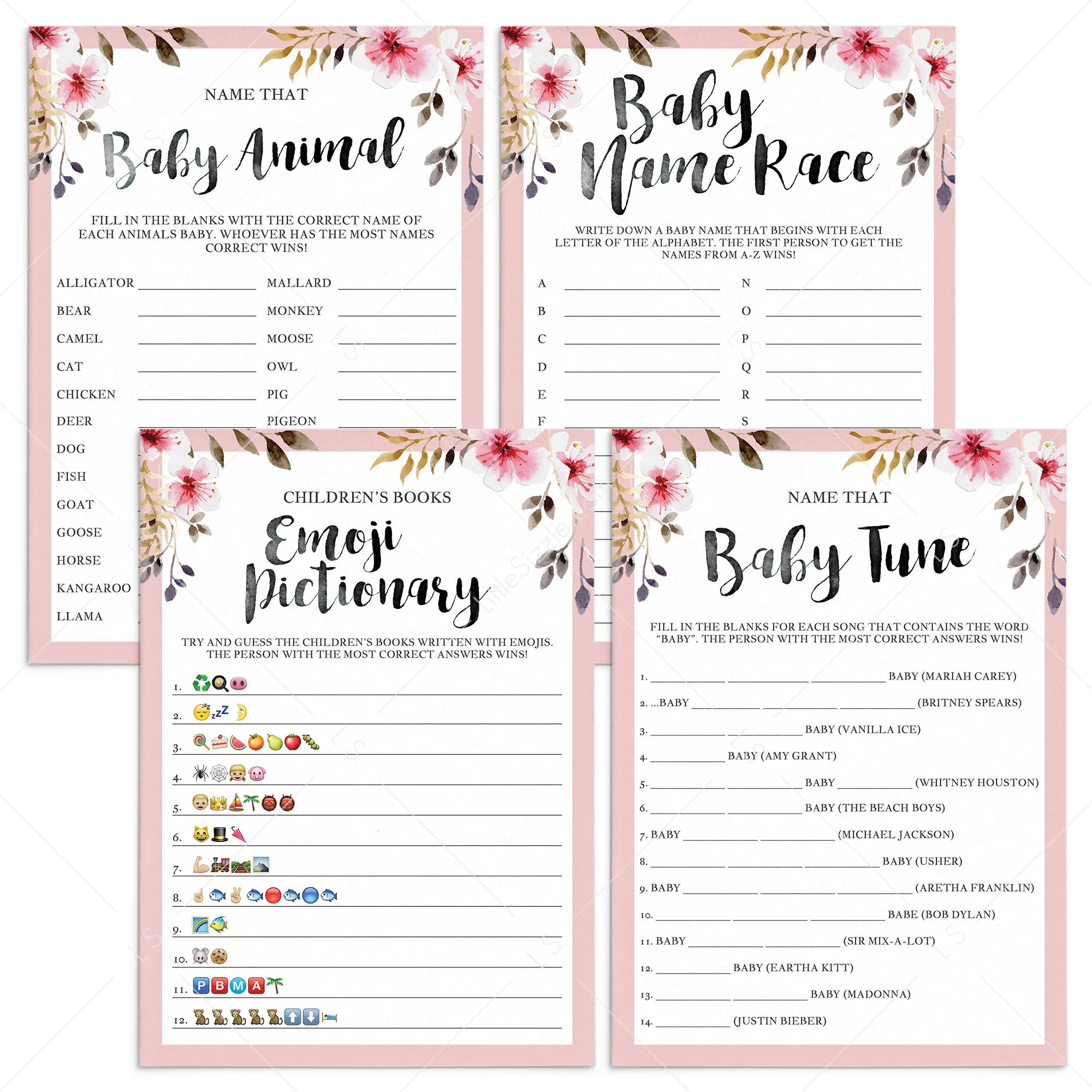 Blush Floral Baby Shower Game Pack for Girls