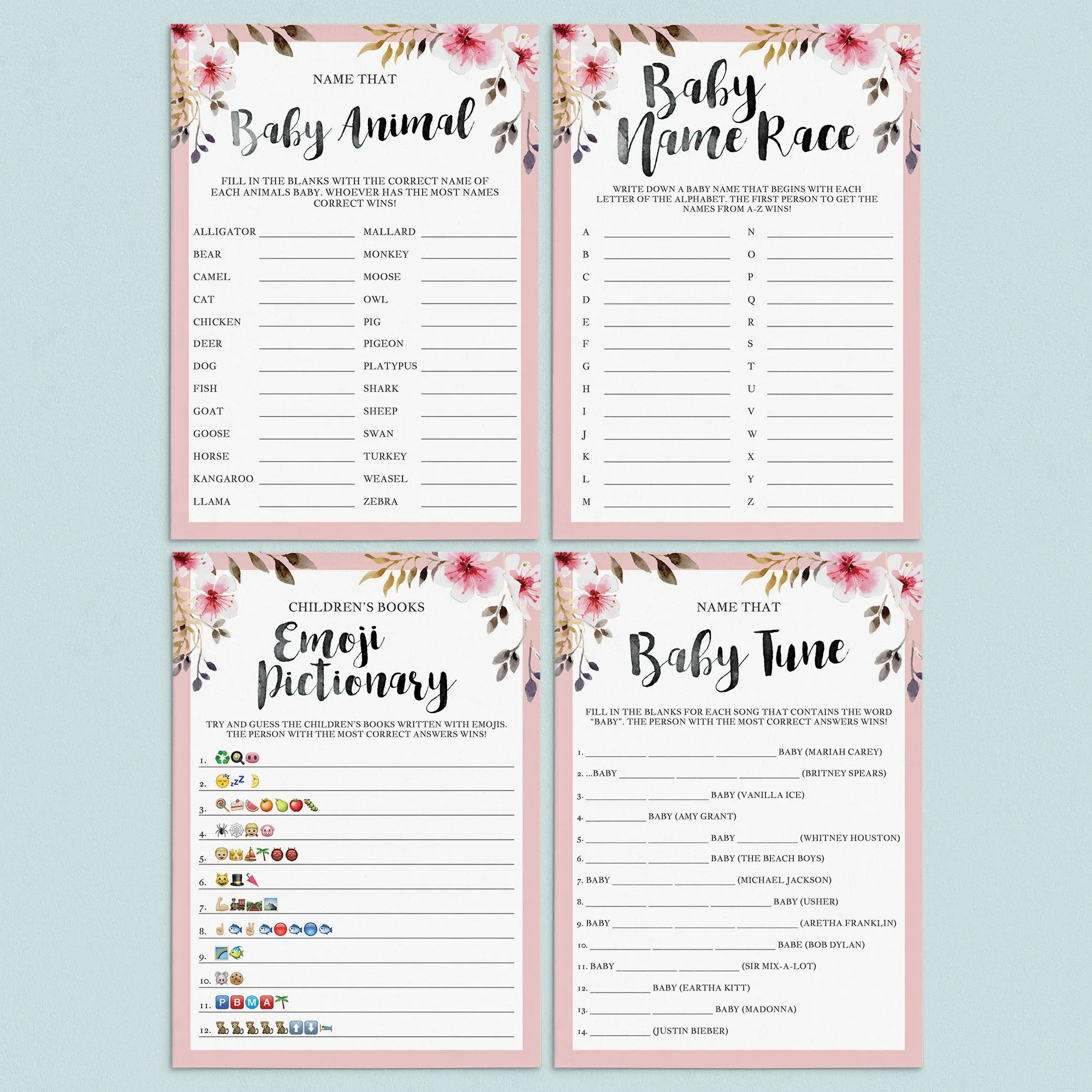 Blush Floral Baby Shower Game Pack for Girls