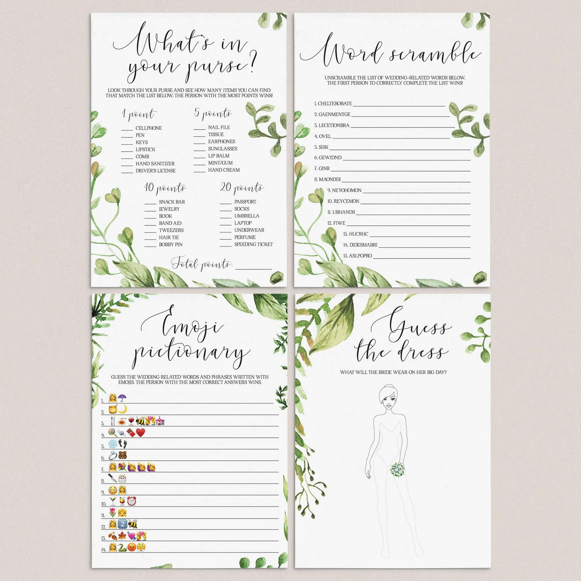 Botanical Bridal Shower Games Printables Bundle