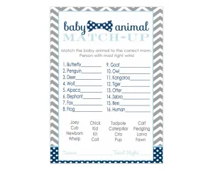 Bow Tie Baby Shower Game Cards Animal Matching (25 Pack)