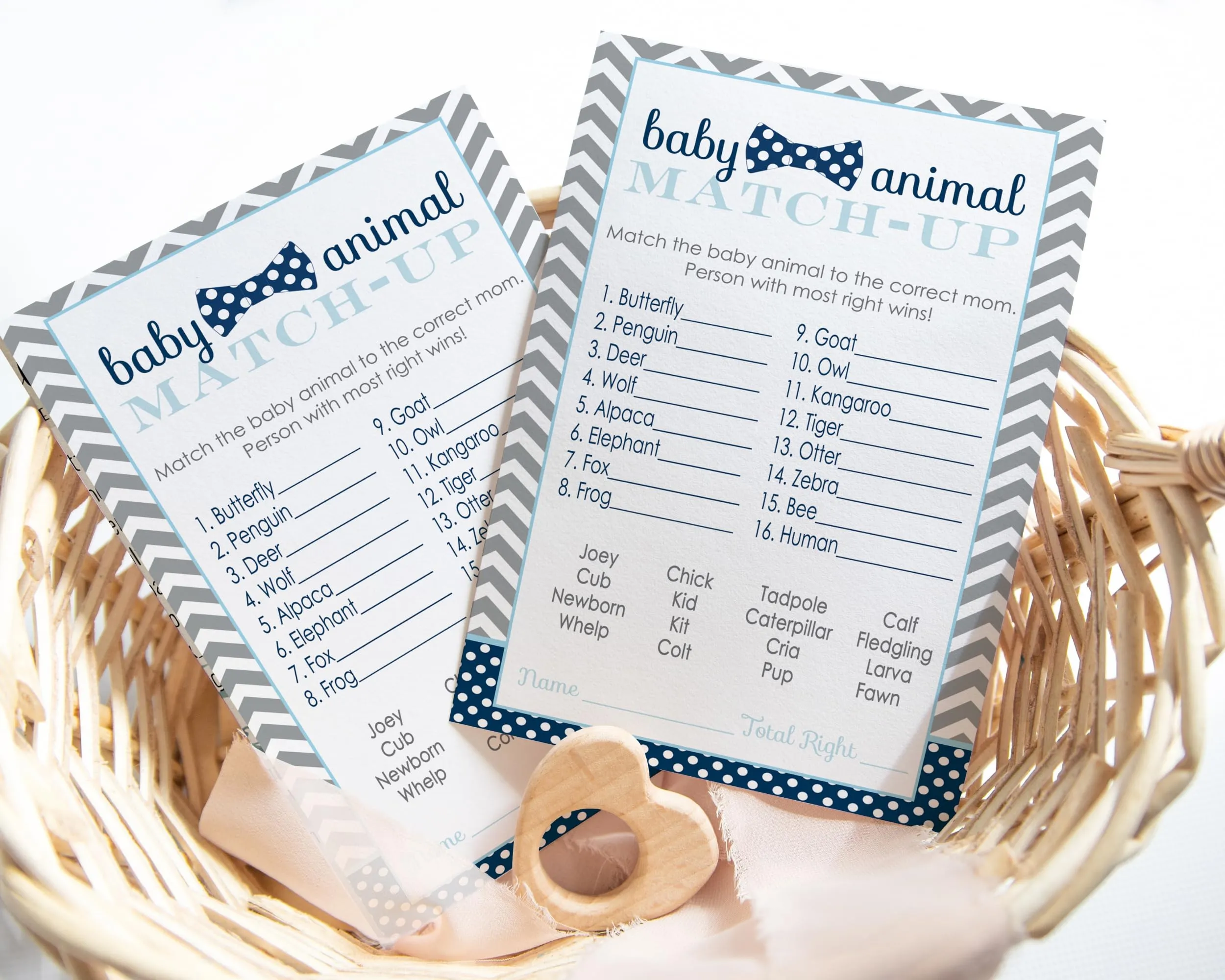 Bow Tie Baby Shower Game Cards Animal Matching (25 Pack)