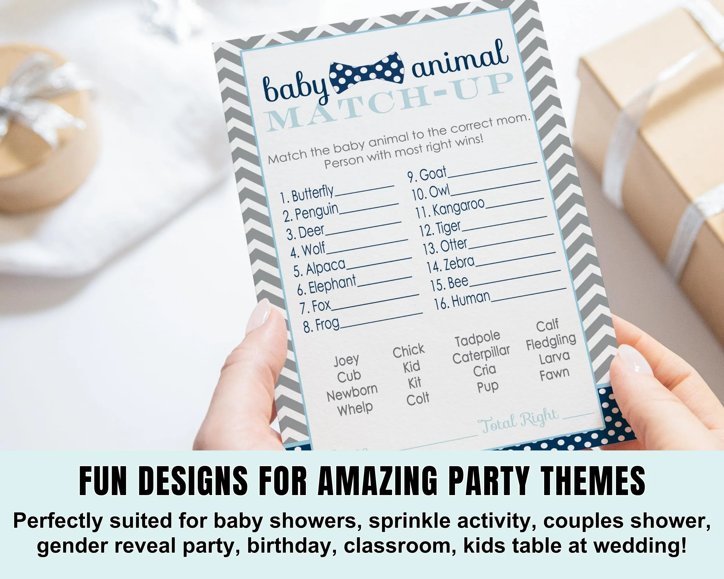 Bow Tie Baby Shower Game Cards Animal Matching (25 Pack)