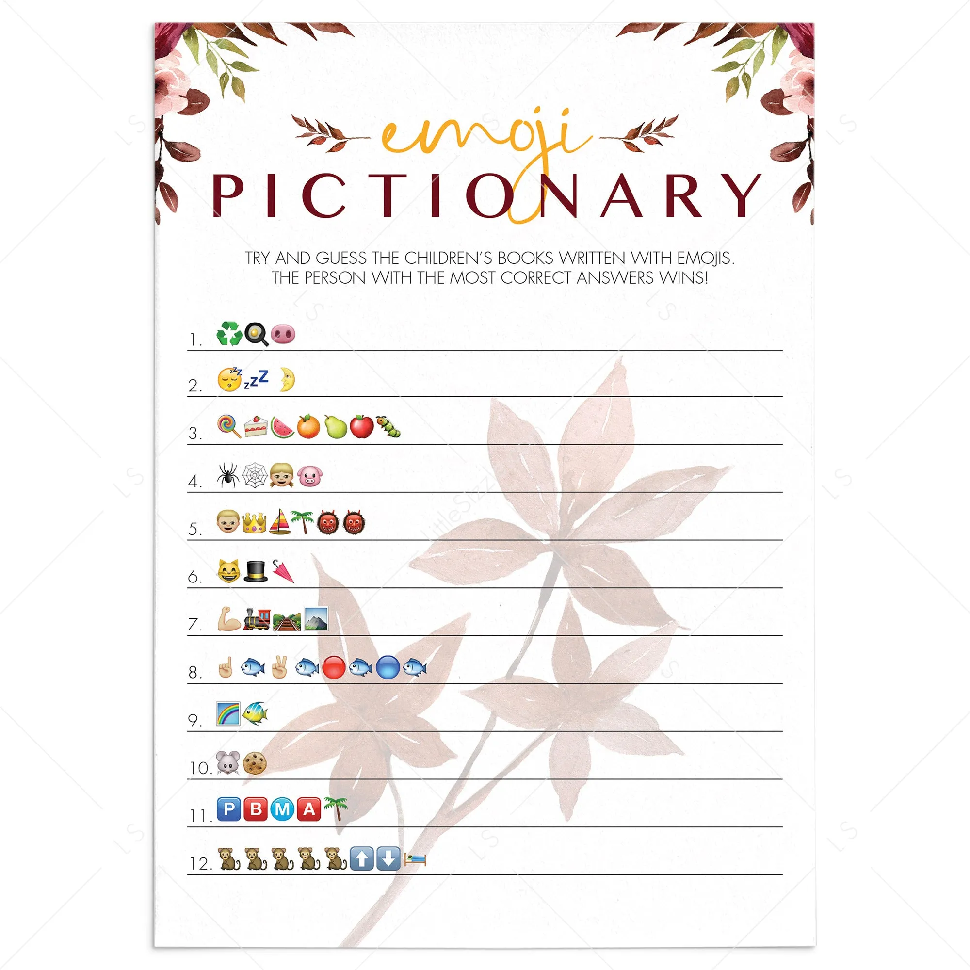 Burgundy Leaves Baby Shower Emoji Game Printable