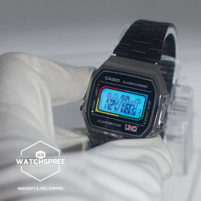 Casio Digital Vintage UNO’?????¶ôÇï¶ô¶© Collaboration Model Black Ion Plated Stainless Steel Band Watch A168WEUC-1A