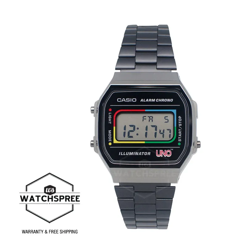 Casio Digital Vintage UNO’?????¶ôÇï¶ô¶© Collaboration Model Black Ion Plated Stainless Steel Band Watch A168WEUC-1A