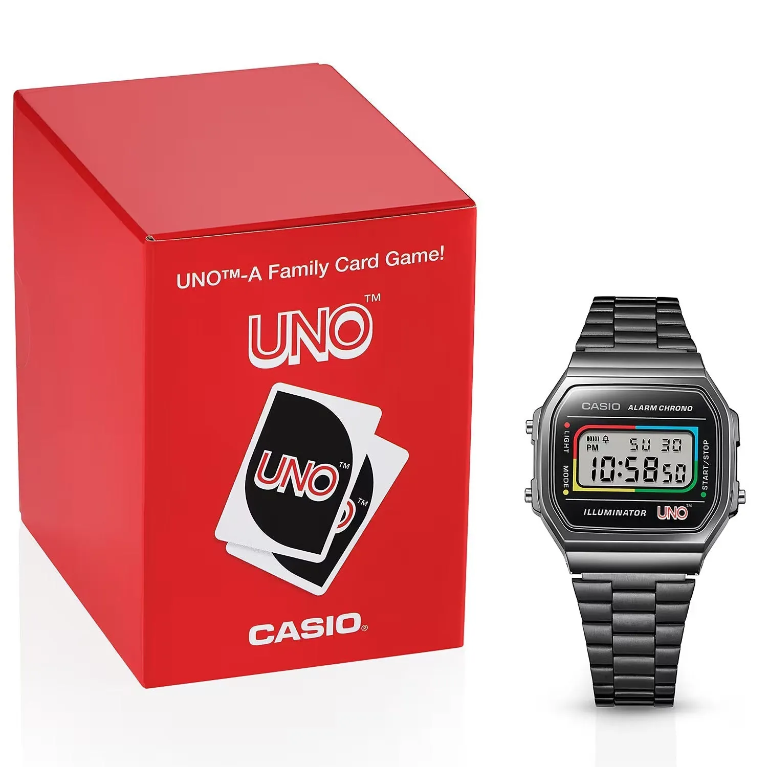 CASIO x UNO™ Collaboration Vintage Series Black Digital Watch A168WEUC-1A