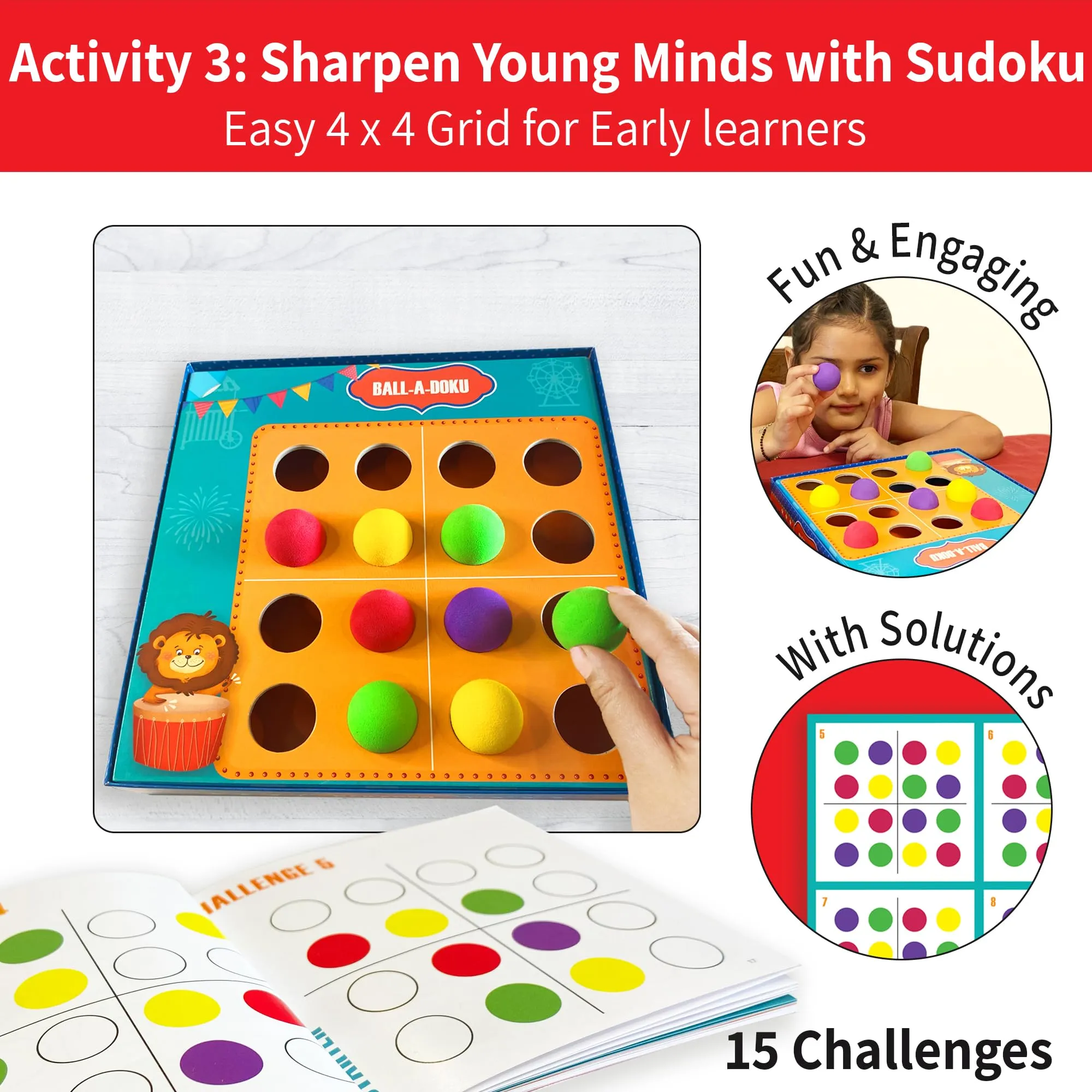 Chalk & Chuckles Ballaroo 3-in-1 Brain Games for Kids Age 4-8 Year Old, STEM Educational Toys, Mind Game, Sudoku, Ball Sort Puzzle, Gifts for Girls, Boys Ages 5, 6, 7