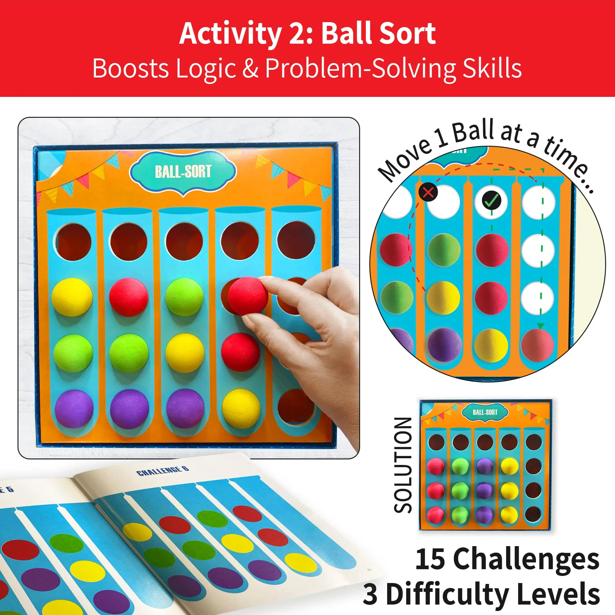 Chalk & Chuckles Ballaroo 3-in-1 Brain Games for Kids Age 4-8 Year Old, STEM Educational Toys, Mind Game, Sudoku, Ball Sort Puzzle, Gifts for Girls, Boys Ages 5, 6, 7