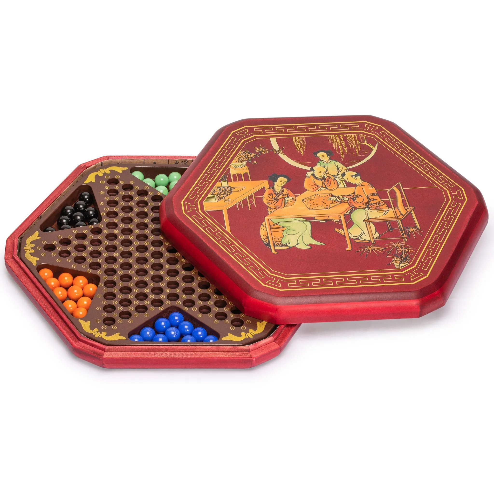 Classic Chinese Checkers Halma Board Game Set with Storage, 12.6" Wooden Board, and Solid Color 16mm Glass Marbles