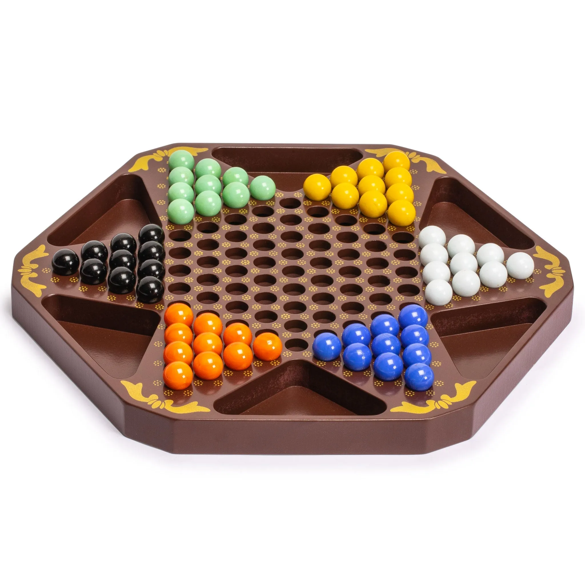 Classic Chinese Checkers Halma Board Game Set with Storage, 12.6" Wooden Board, and Solid Color 16mm Glass Marbles