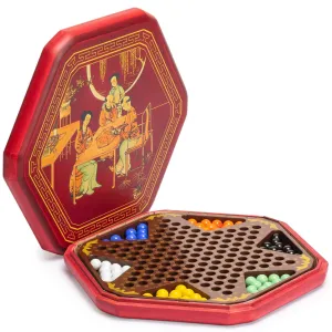 Classic Chinese Checkers Halma Board Game Set with Storage, 12.6" Wooden Board, and Solid Color 16mm Glass Marbles