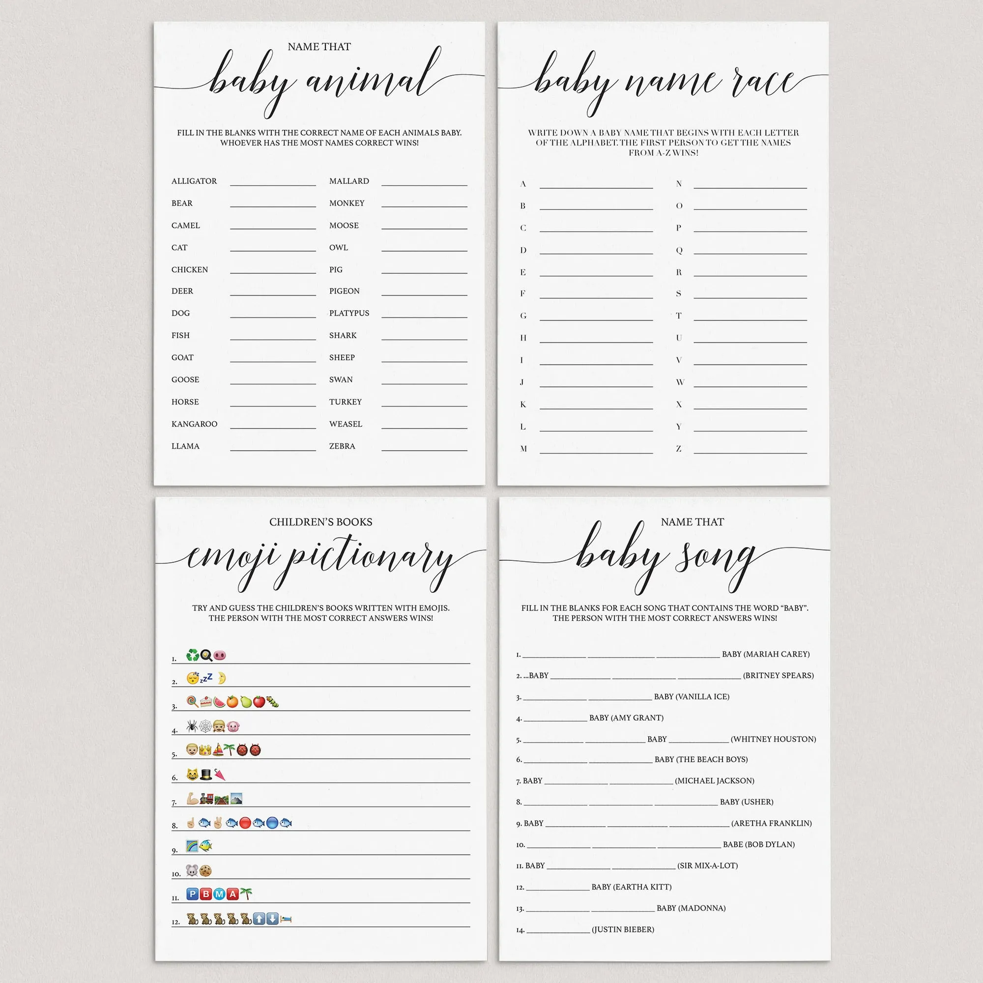 DIY White Baby Shower Games Pack Printables