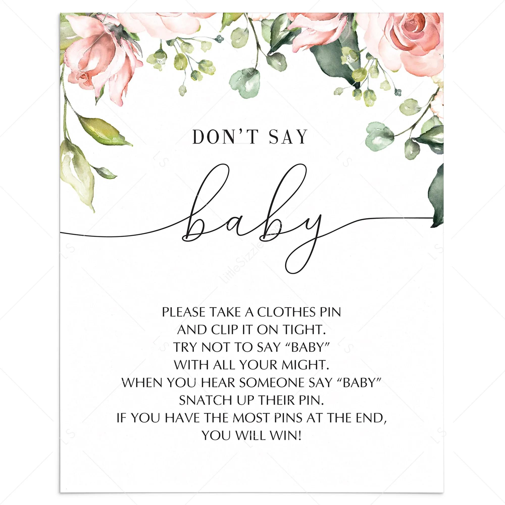 Dont Say Baby Game Sign Blush Floral Baby Shower Printable