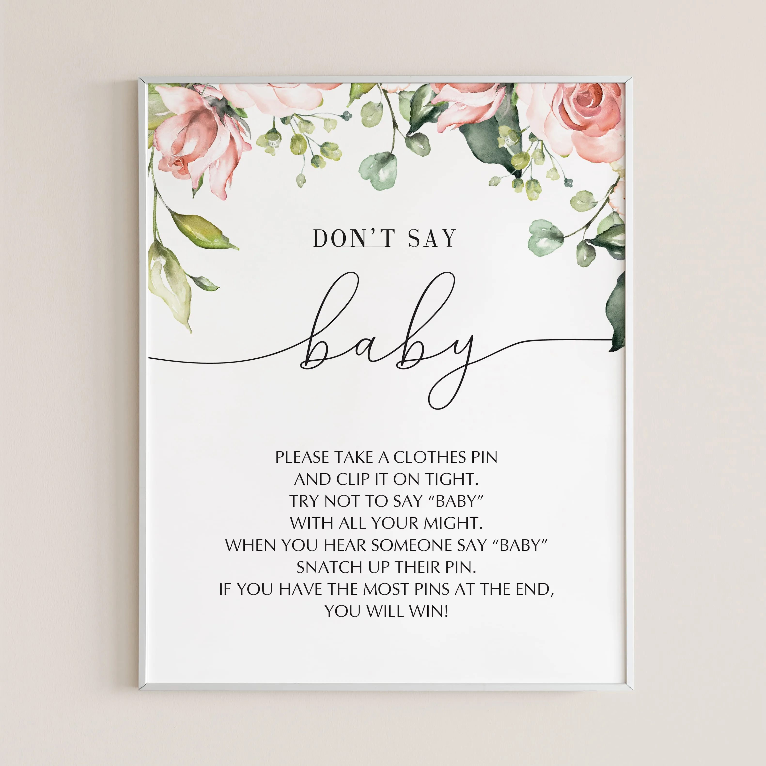 Dont Say Baby Game Sign Blush Floral Baby Shower Printable