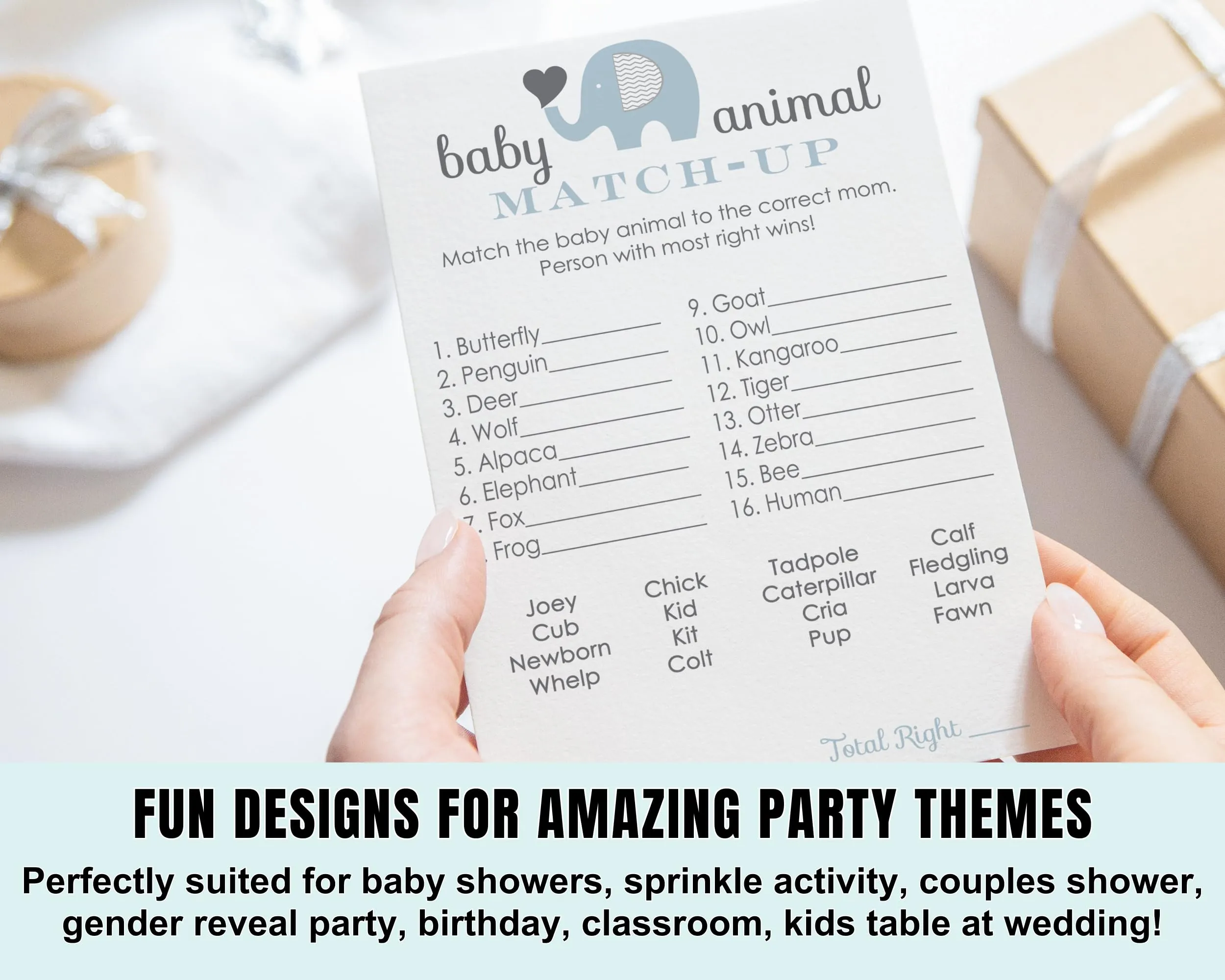 Elephant Baby Shower Game Cards Animal Matching (25 Pack)