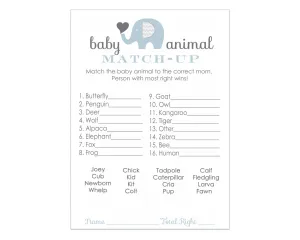 Elephant Baby Shower Game Cards Animal Matching (25 Pack)