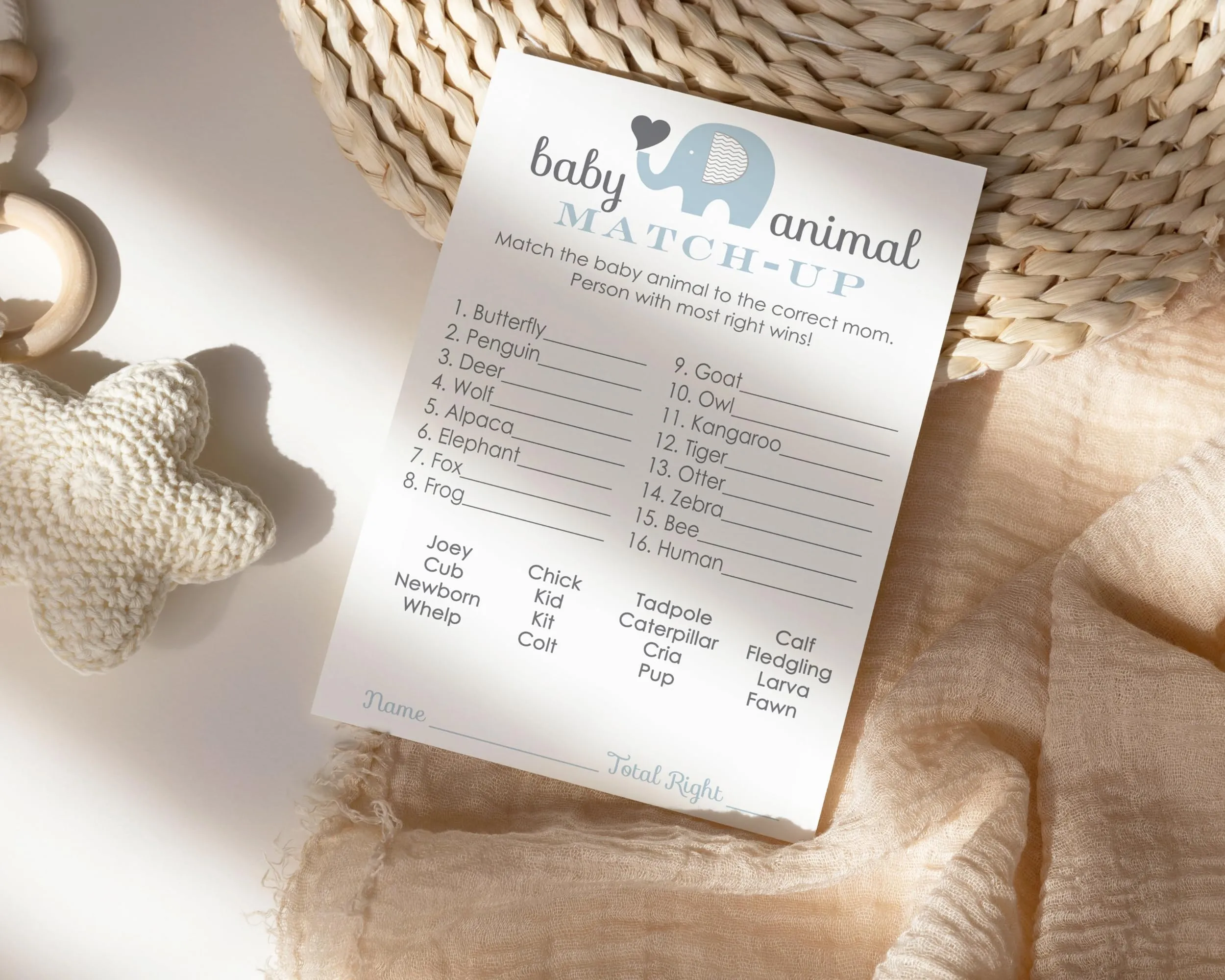 Elephant Baby Shower Game Cards Animal Matching (25 Pack)