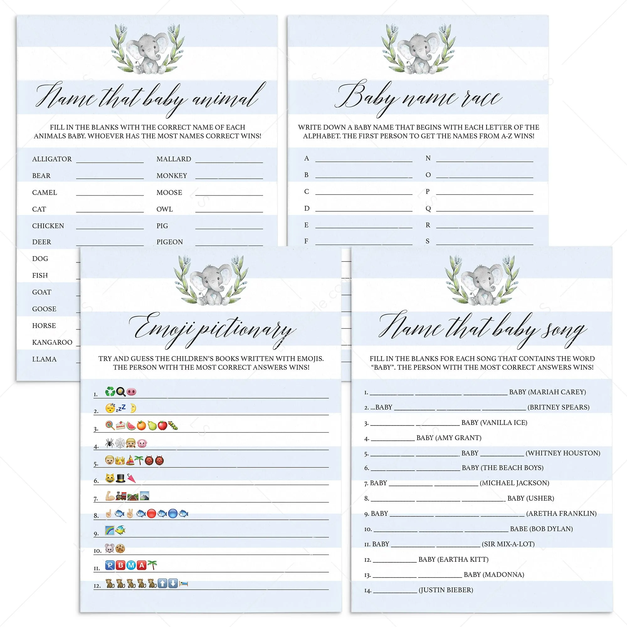 Elephant Boy Baby Shower Games Bundle Instant Download