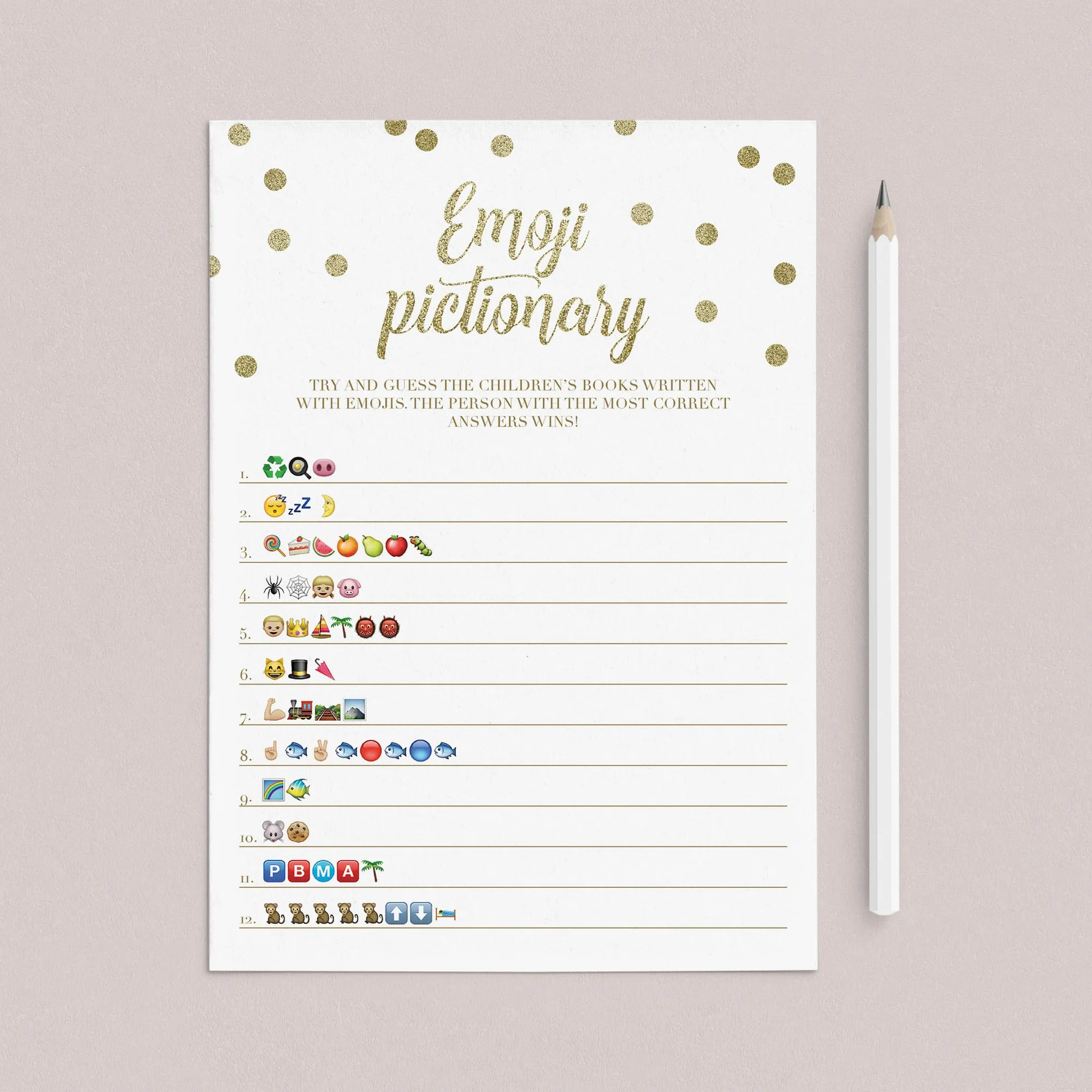 Emoji Pictionary Baby Shower Game Gold Confetti Printable & Fillable PDF Template