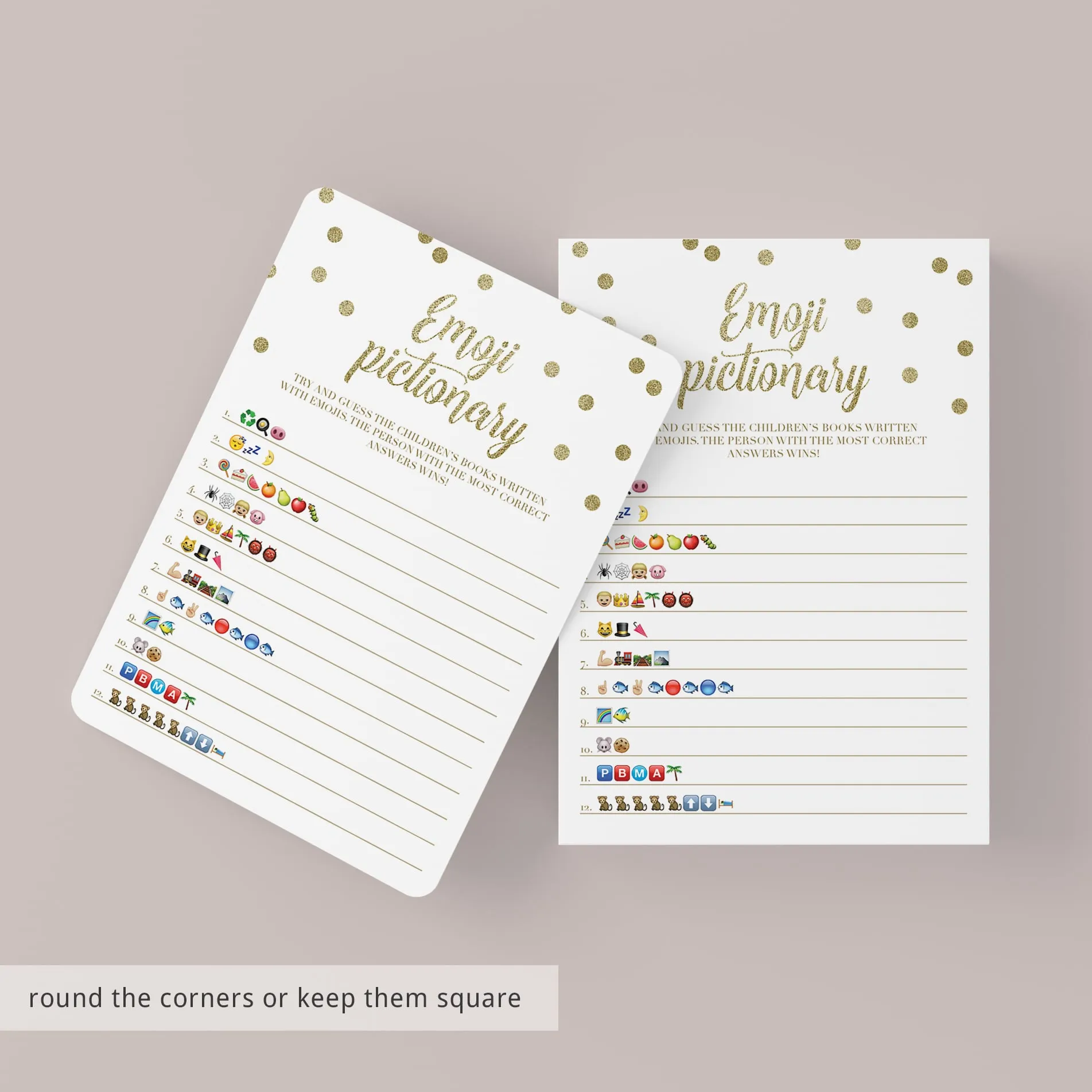 Emoji Pictionary Baby Shower Game Gold Confetti Printable & Fillable PDF Template