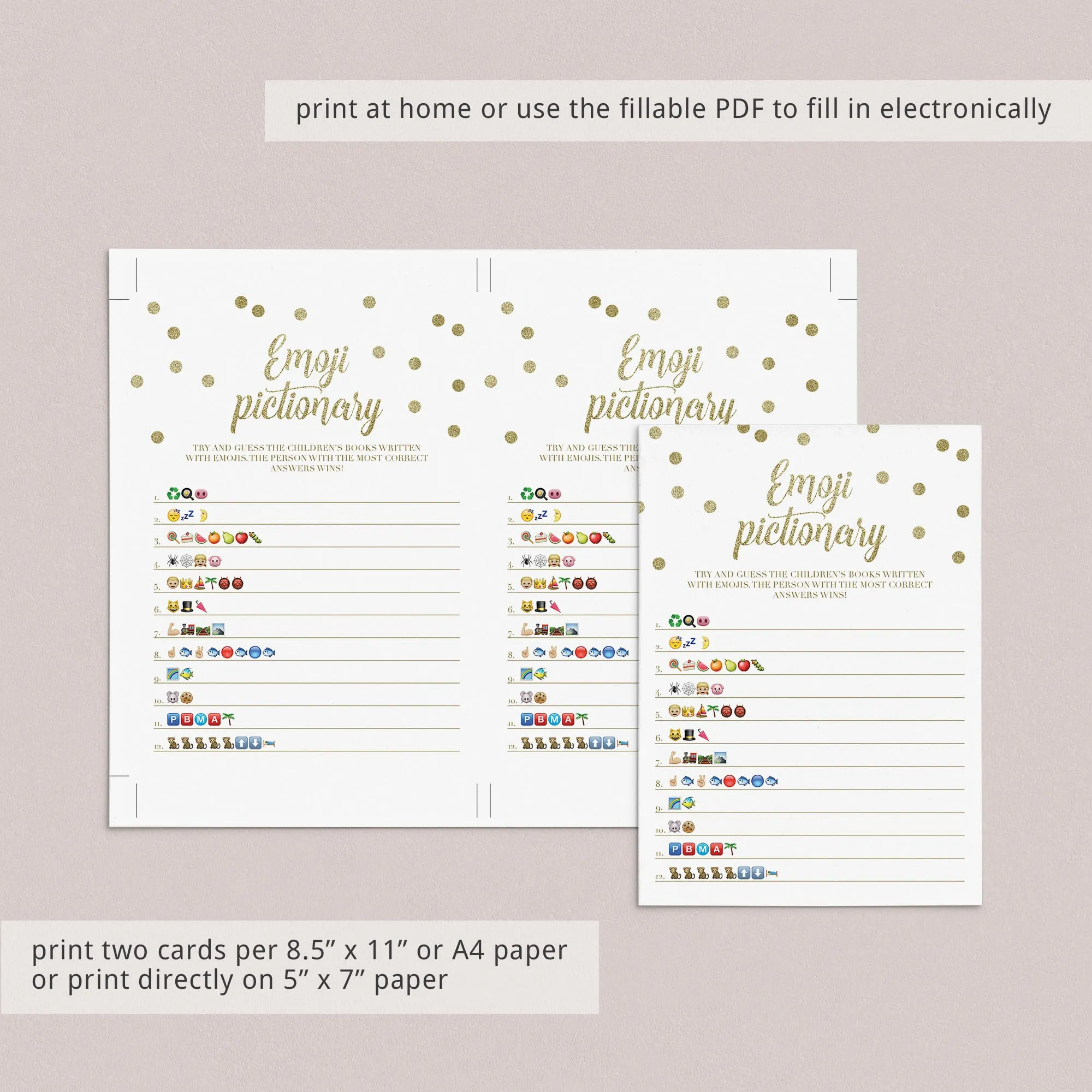 Emoji Pictionary Baby Shower Game Gold Confetti Printable & Fillable PDF Template