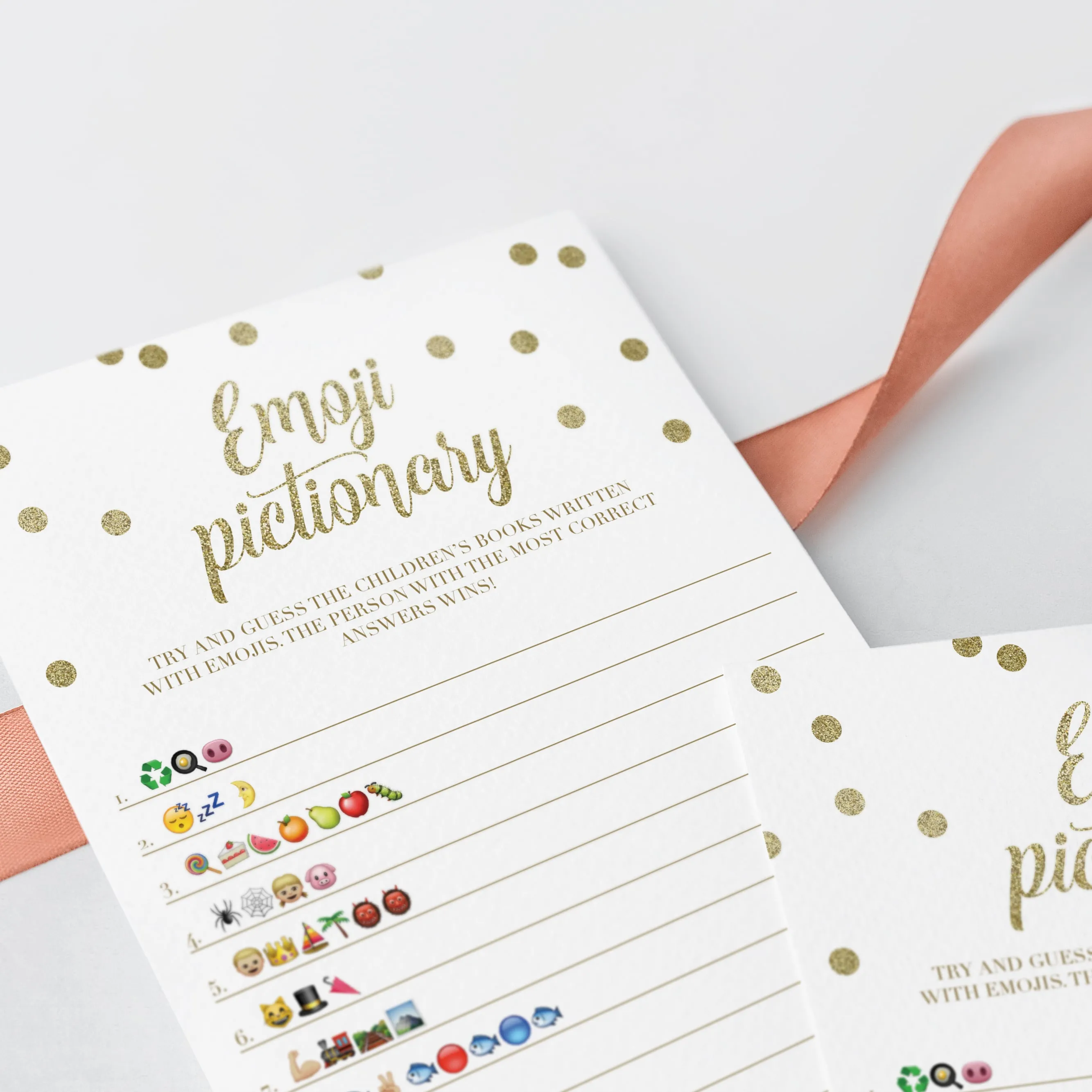 Emoji Pictionary Baby Shower Game Gold Confetti Printable & Fillable PDF Template