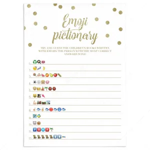 Emoji Pictionary Baby Shower Game Gold Confetti Printable & Fillable PDF Template