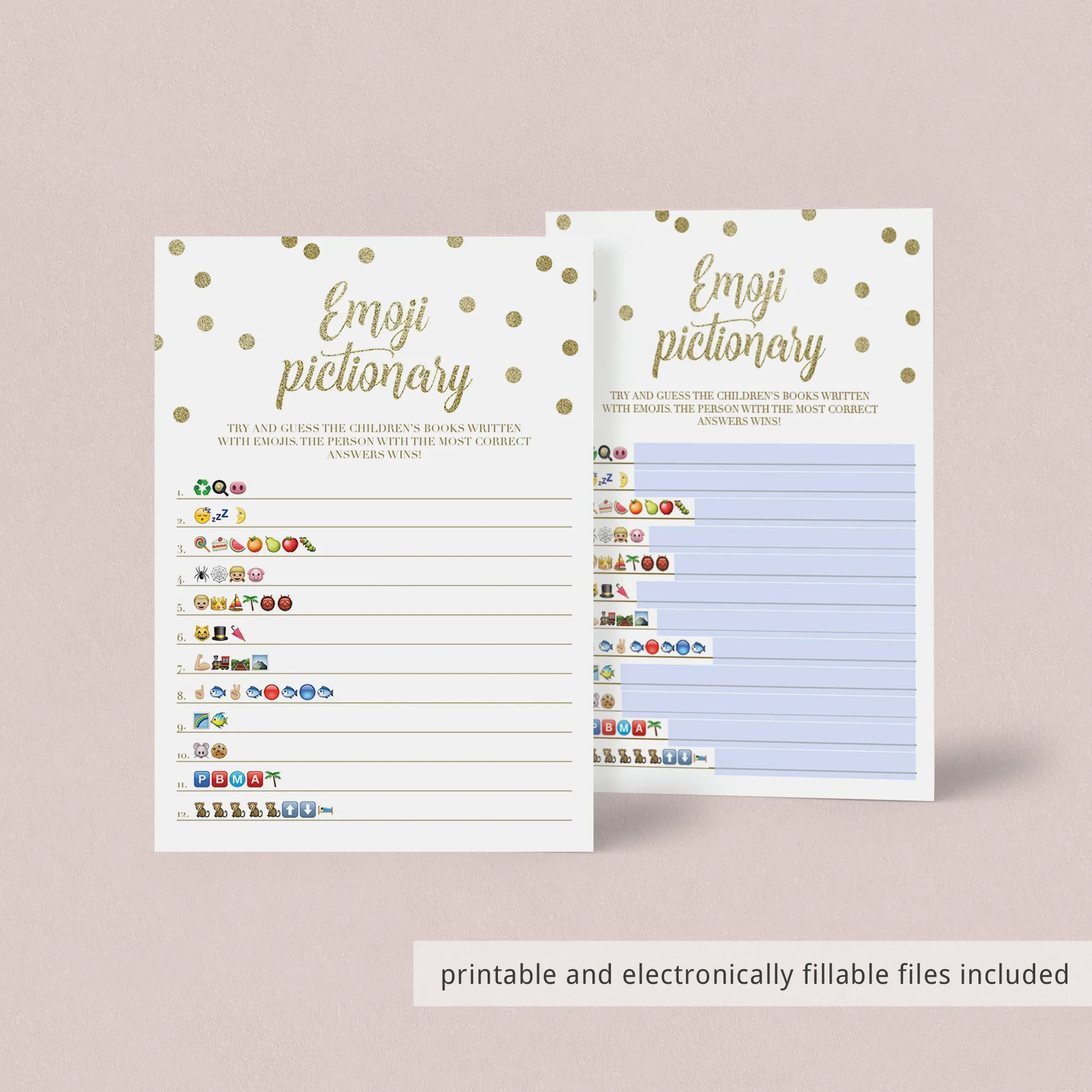 Emoji Pictionary Baby Shower Game Gold Confetti Printable & Fillable PDF Template