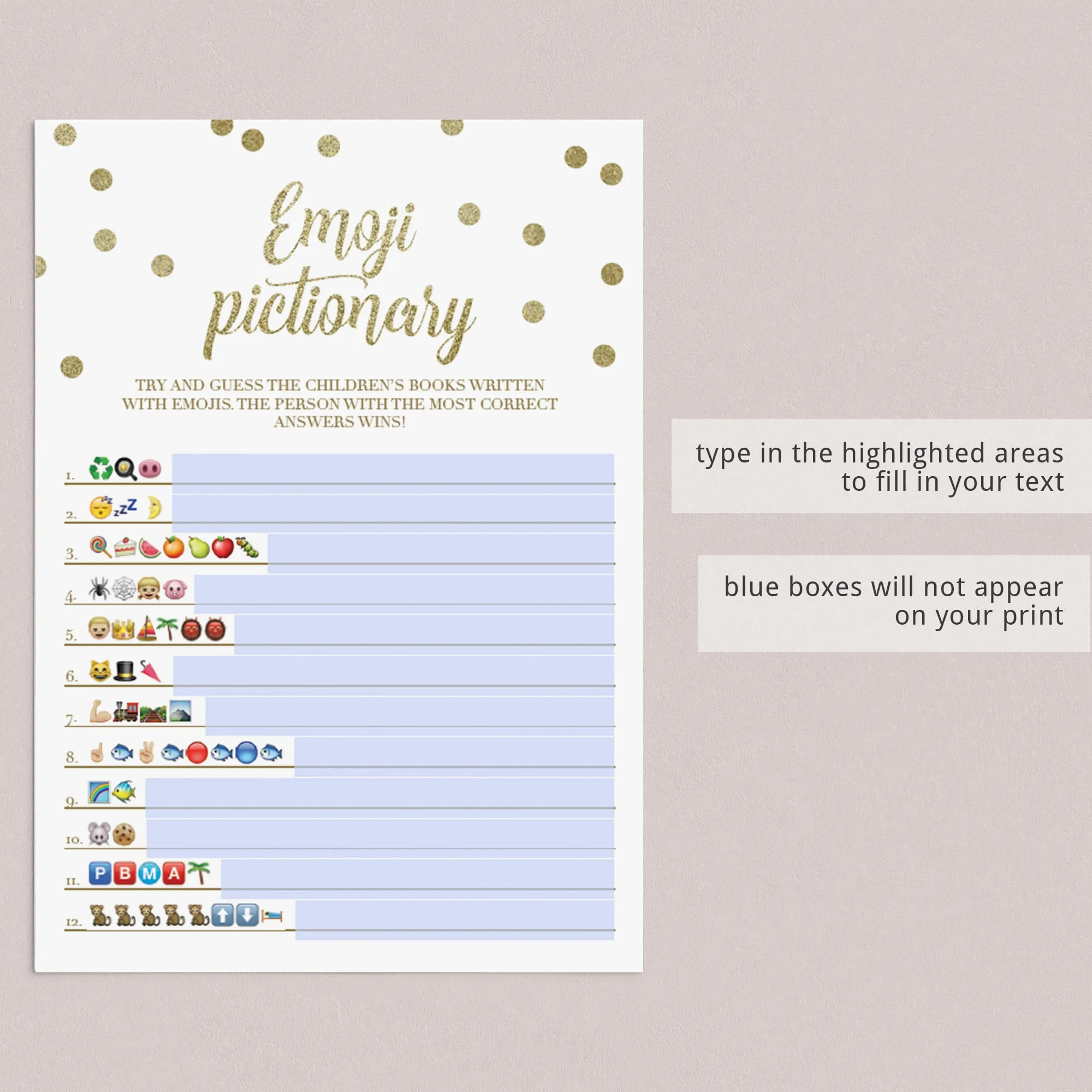 Emoji Pictionary Baby Shower Game Gold Confetti Printable & Fillable PDF Template