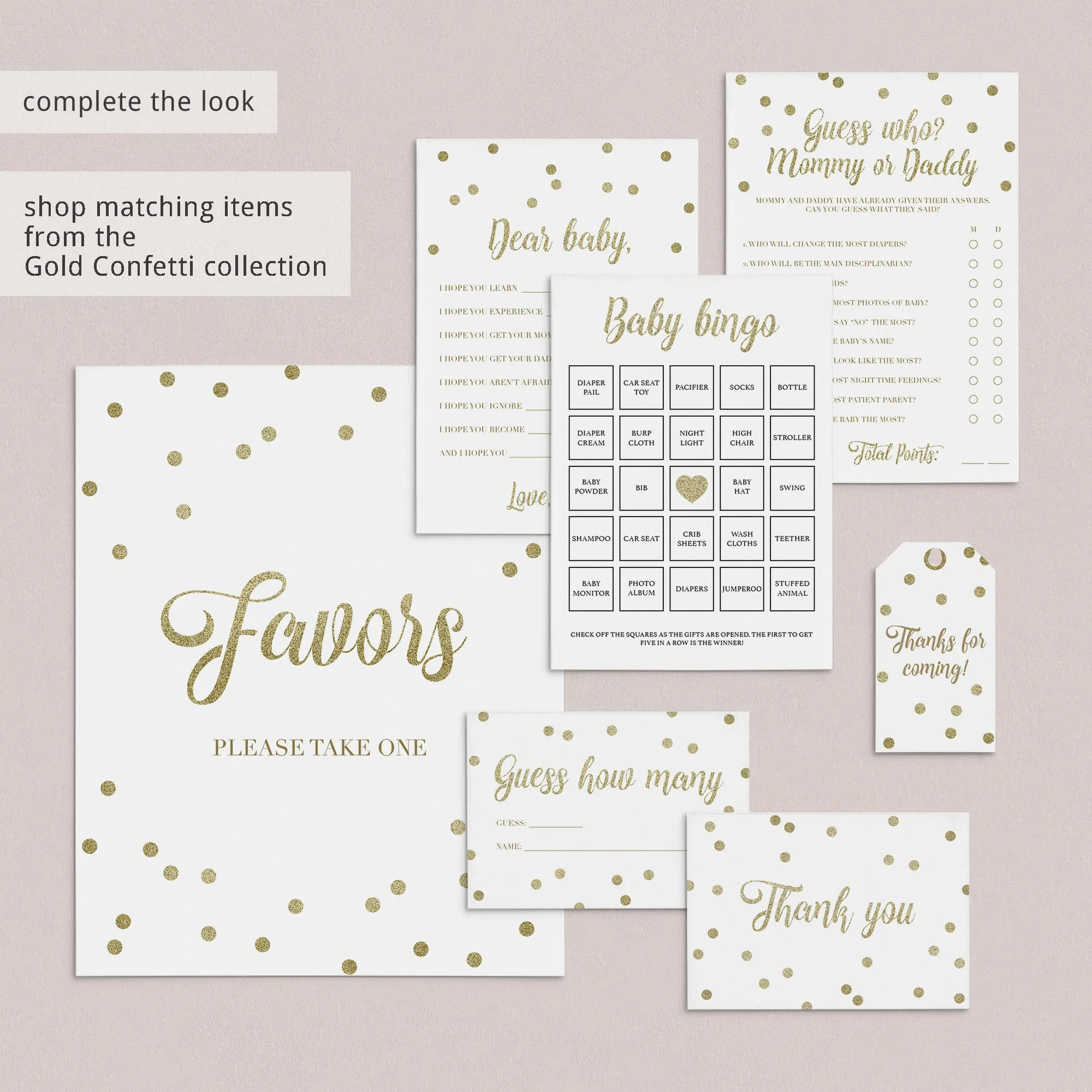 Emoji Pictionary Baby Shower Game Gold Confetti Printable & Fillable PDF Template