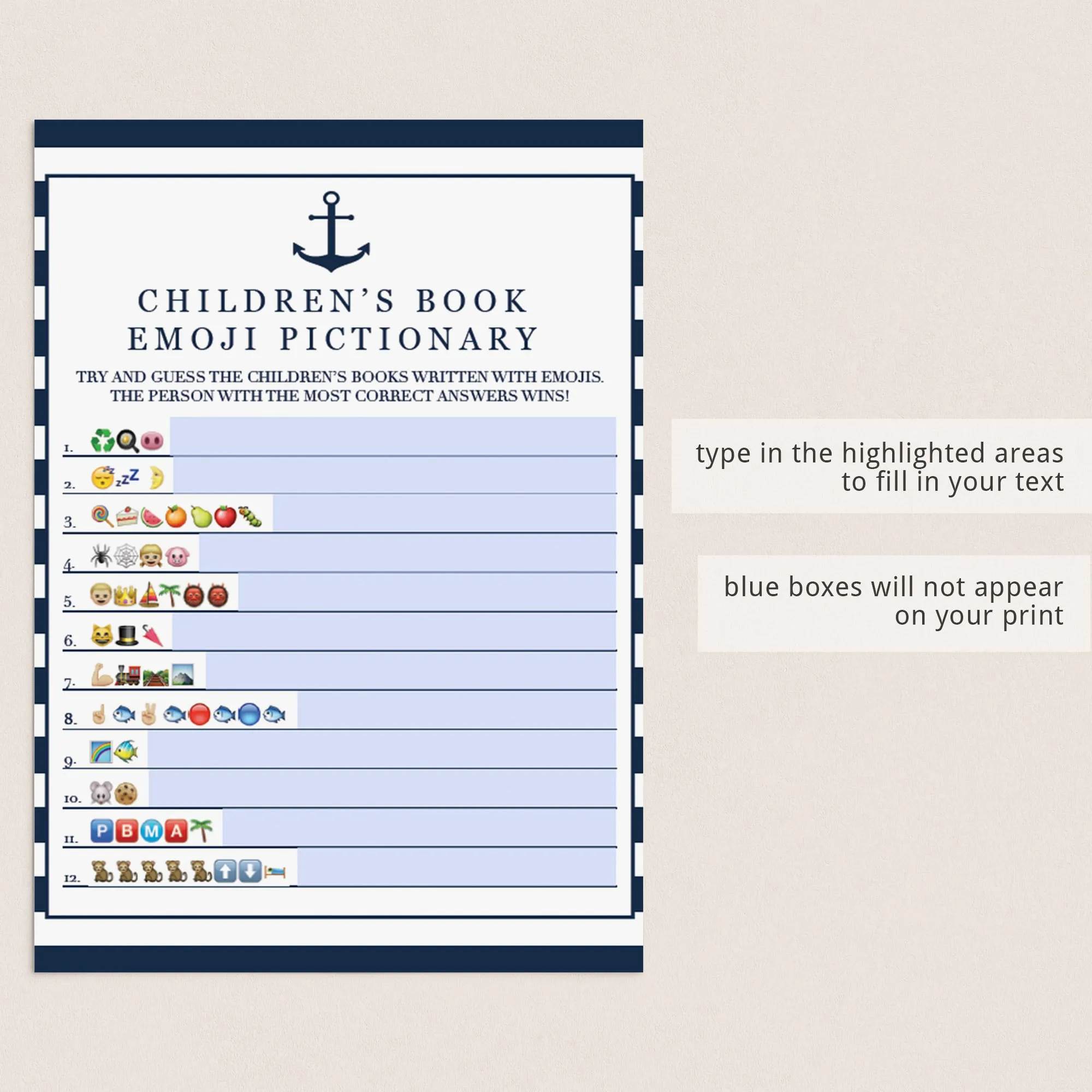 Emoji Pictionary for Boy Baby Shower Printable & Virtual Template