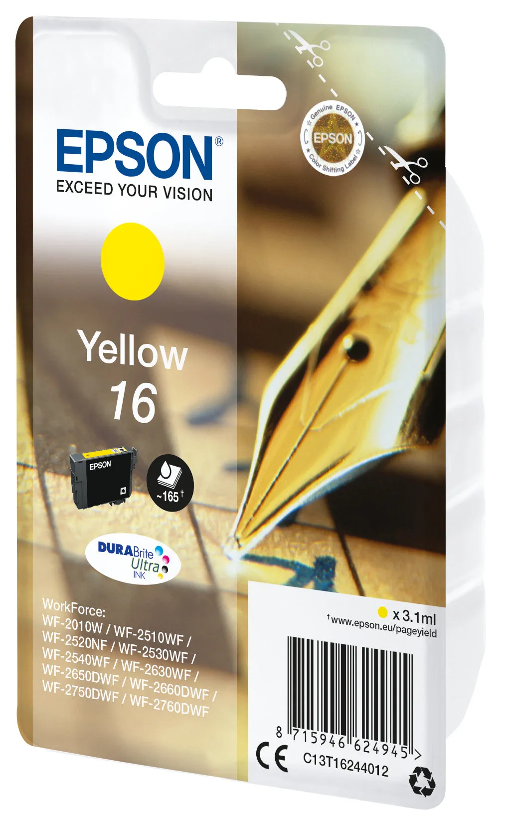 Epson Ink Cartridges, Durabrite" Ultra, 16, Pen And Crossword, Singlepack, 1 X 3.1 Ml Yellow